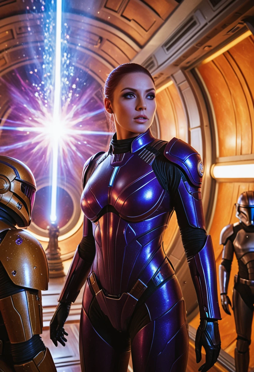 score_9, score_8_up, score_7_up, score_6_up, score_5_up, score_4_up, In a sprawling interstellar diplomatic chamber aboard a massive starship orbiting a ringed gas giant, a tense negotiation unfolds between alien ambassadors including a tentacled Cephaloid envoy with iridescent skin gesturing emphatically, a human diplomat in sleek nano-suit armor with holographic badges, and a crystalline entity shimmering with internal lights, surrounded by floating zero-gravity artifacts like ancient star maps and energy orbs, dramatic nebulae visible through panoramic viewports with streaks of comet trails, intricate biomechanical details on alien physiologies and ship interiors, vibrant cosmic color palette of deep purples, electric blues, and fiery oranges, highly detailed expressions of suspicion and alliance-building, epic cinematic composition inspired by Mass Effect and Star Wars, sharp focus, 8k resolution, photorealistic with volumetric lighting and lens flares, masterpiece, best quality, ultra detailed, high resolution, dynamic composition, intricate alien designs, award winning photography, trending on pinterest, hyper-realistic textures, dramatic lighting effects.