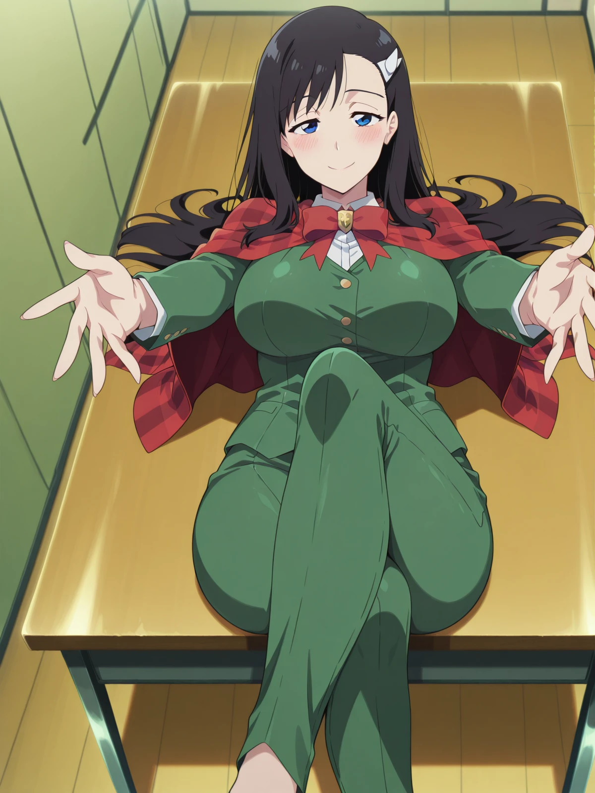 masterpiece, best quality, amazing quality,, <lora:noel-niihashi-ova-illustriousxl-lora-nochekaiser:1>, noel niihashi, niihashi noel, long hair, blue eyes, black hair, hair ornament, hairclip, mature female, large breasts, anime screencap, <lora:crossed-legs-reaching-towards-viewer-illustriousxl-lora-nochekaiser:1>, crossed legs reaching towards viewer, solo, looking at viewer, blush, smile, closed mouth, sitting, lying, indoors, on back, crossed legs, outstretched arms, on table, on desk,, , ,