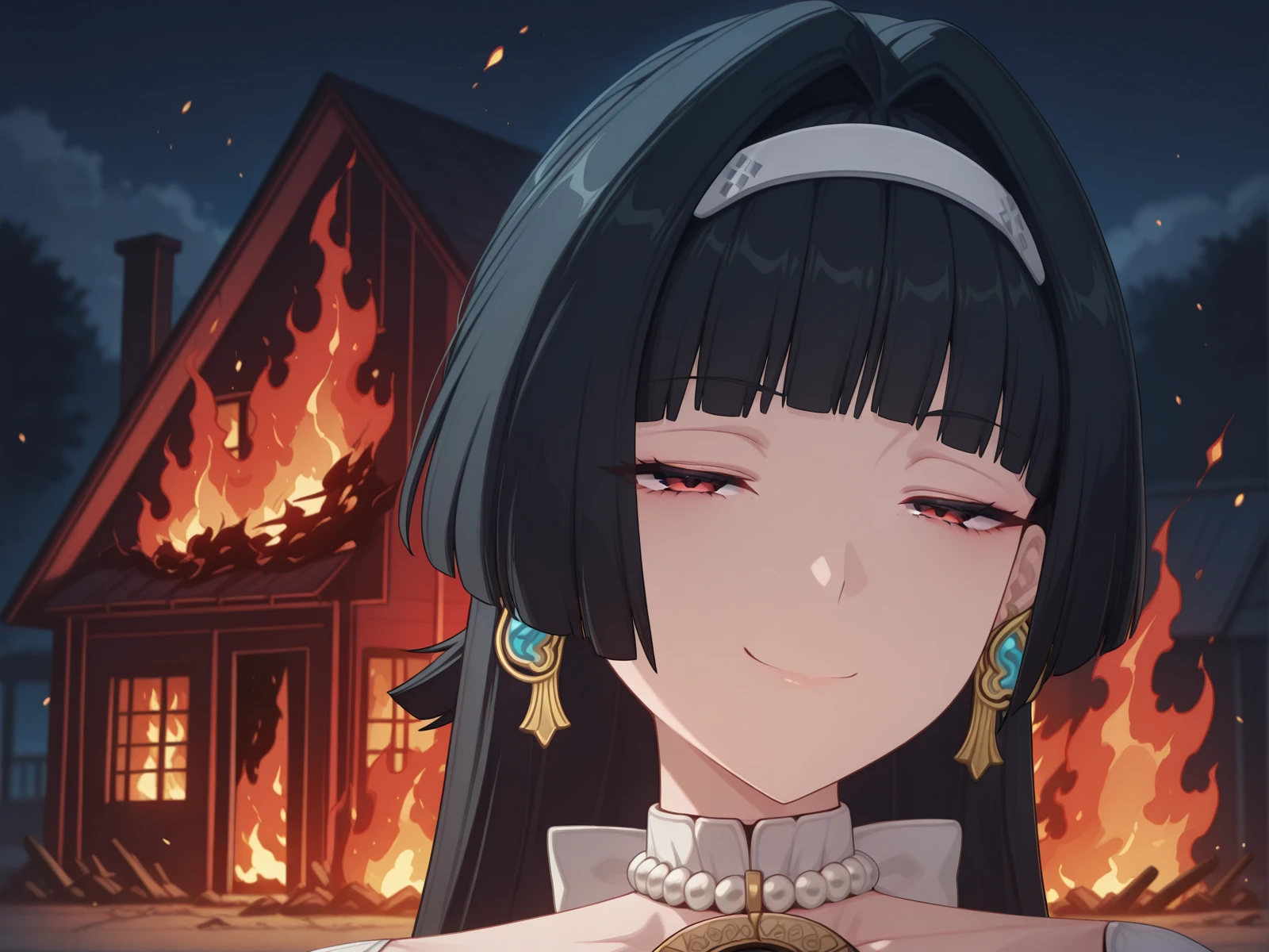 masterpiece, best quality, amazing quality,, <lora:zzz-astra-yao-ingame-illustriousxl-lora-nochekaiser:1>, astra yao, black hair, blunt bangs, hair intakes, long hair, red eyes, white hairband, mature female, large breasts, 3d, <lora:disaster-girl-illustriousxl-lora-nochekaiser:1>, disaster girl, disaster girl (meme), solo, looking at viewer, smile, closed mouth, upper body, blurry, blurry background, night, depth of field, half-closed eyes, parody, fire, meme, smug, burning house,, , ,