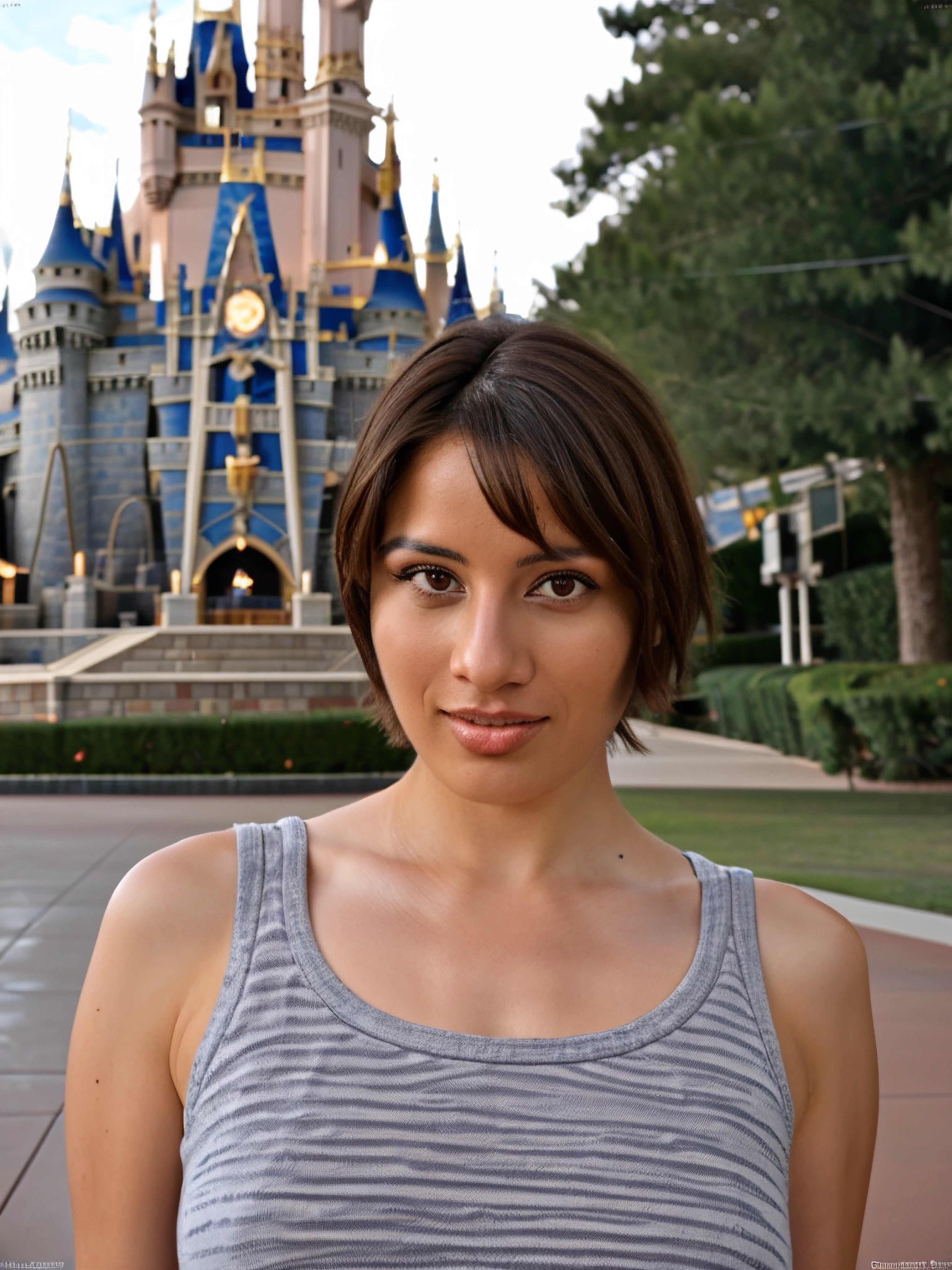 f41th portrait, face focus, face details, skin details, pores, peachfuzz, dappled sunlight, intricate details, masterpiece, 1girl posing in front of the castle at Disneyworld, short hair, pixie haricut, 90's clothes, film grain, 8k, happy