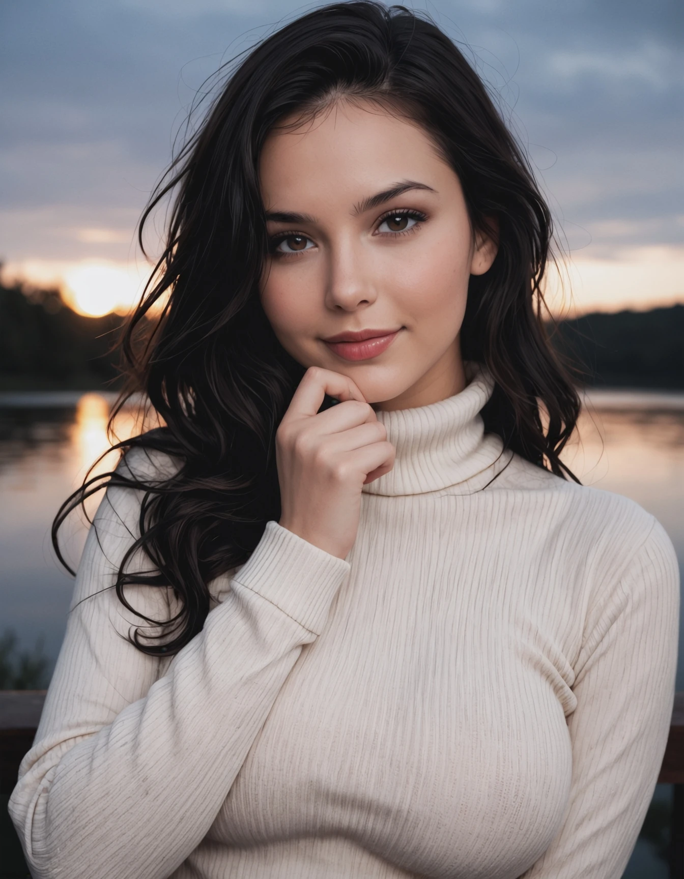 1girl, large breasts, seductive,
black hair, wavy hair, makeup, lipgloss,
turtleneck sweater, hand on own chin, head tilt, smile,portrait, lake, bokeh, depth of field, cinematic lighting, masterpiece, ultra-HD, photorealistic, high detail, best quality, 8k, best quality, sharp focus, ray-tracing, realistic, depth of field, shallow depth of field, raw photo.