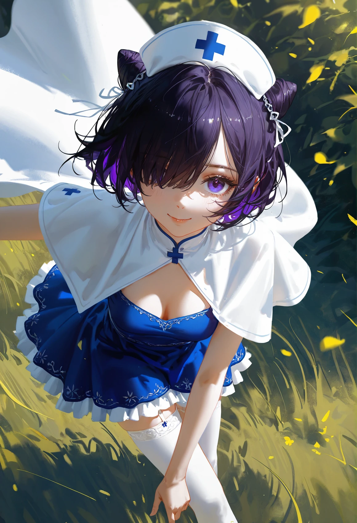 oil painting,impasto,highres,extremely detailed 8k wallpaper,illustration,depth of field,great quality,masterpiece,best quality,amazing quality,very aesthetic,absurdres,wallpaper,detail eyes,
artist:dino_(dinoartforame),artist:konya_karasue,(artist:nixeu:0.8),(artist:wlop:0.5),artist:ciloranko BREAK
Dark fantasy style,1girl,solo,outdoors,1girl,sexy dynamic pose,perfect quality,high quality,dynamic angle,dynamic,dynamic shot,epic,legs BREAK (Masterpiece),expressive eyes,
smile,looking_up,from_above,
ruanyi0401,nurse cap,short dress,blue dress,garter straps,white thighhighs,cleavage cutout,capelet,clothing cutout,small_breasts,
<lora:贾维æ¯:1>,cone hair bun,hair over one eye,multicolored hair,purple eyes,purple hair,short hair,two-tone hair,
