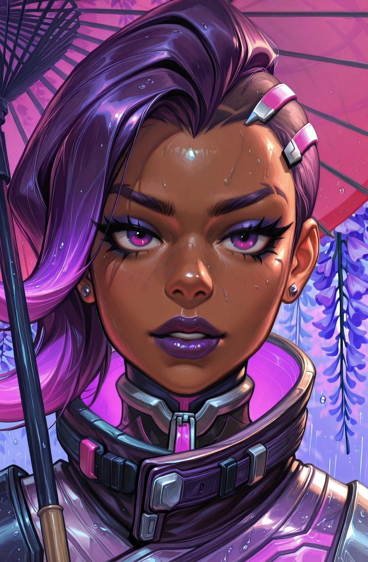 embedding:Stable_Yogis_PDXL_Positives, embedding:Stable_Yogis_PDXL_Positives2, embedding:lazypos, embedding:cr1sp, ,, 1girl, asymmetrical hair, bangs, black umbrella, blue umbrella, bodysuit, braid, coat, dark-skinned female, dark skin, eyeliner, face, high collar, holding, holding umbrella, lips, lipstick, makeup, mascara, nose, oil-paper umbrella, parasol, parted lips, pink umbrella, portrait, purple background, purple eyes, purple hair, purple lips, purple umbrella, rain, red umbrella, shared umbrella, sombra \(overwatch\), stud earrings, transparent umbrella, trench coat, umbrella, wisteria, masterpiece, best quality, amazing quality, very aesthetic, absurdres, newest, (scenery, volumetric lighting), 8k, detail, sharp focus, HDR, bold outlines, strong shadows, high contrast, smooth gradients, ultra detailed, vibrant, stunningly beautiful, crisp lines, detailed, sleek, ultramodern, subtle shadows, intricate, professional, high-resolution, perfect lighting, very awa, ultradetailed, solo, depth, complex lighting, movie quality
,
