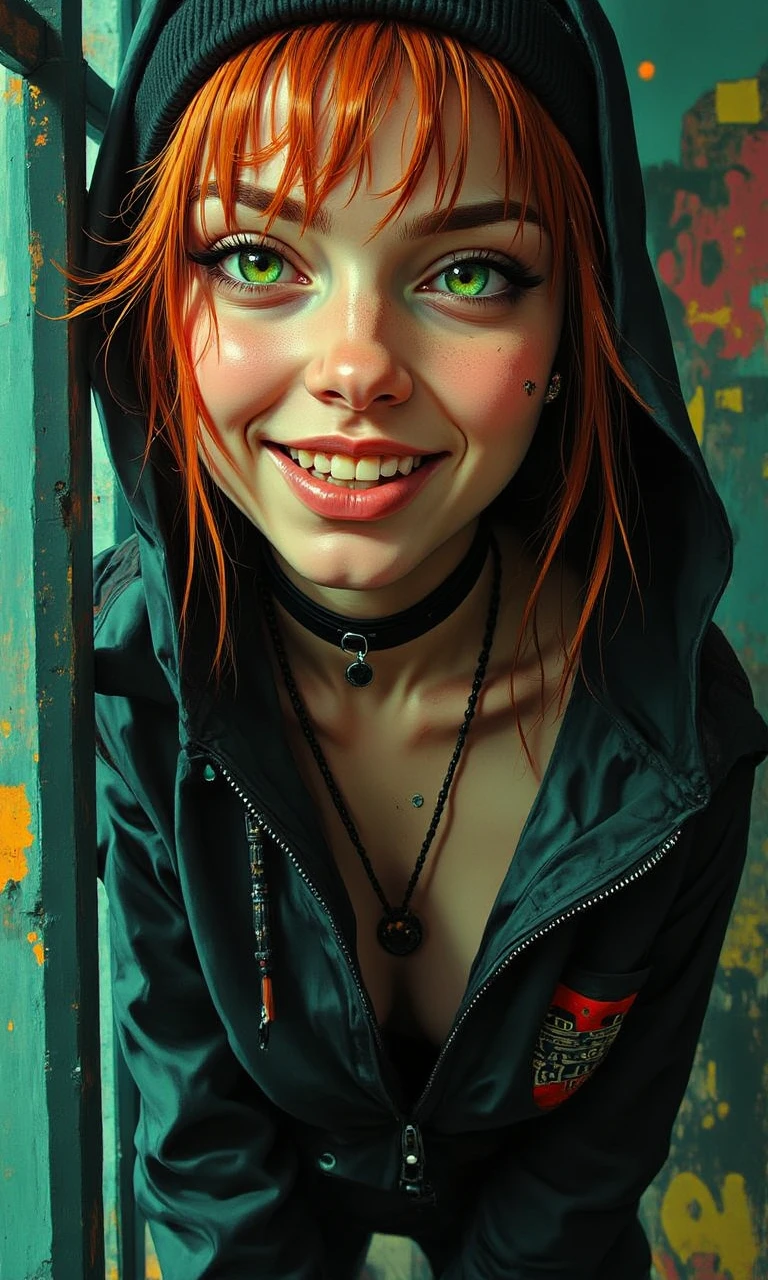 LookDaal,
hyperrealist close-up painting, low wide-angle distortion portrait ,American adult female protagonist, square, emerald-green eyes, vivid hue, large eyes, straight brows, subtle beauty mark on cheek, minimal makeup, natural skin texture, ginger-red hair, high ponytail, wisps framing face, gentle reassurance, calming smile, quick side glance paired with a smirk, knees bent, leaning against railing, soft diffused window light, graffiti wall with layered textures, oversized cardigan draped loosely, beanie with embroidered patch, hands tucked in jacket pockets, cool teal shadows with warm highlights,