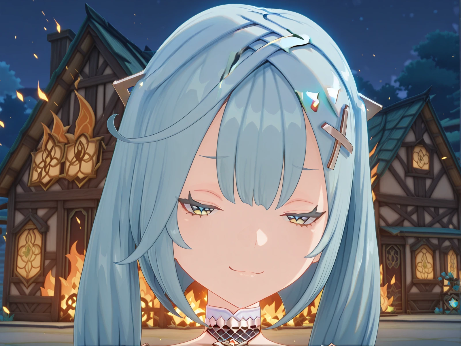 masterpiece, best quality, amazing quality,, <lora:genshin-faruzan-ingame-illustriousxl-lora-nochekaiser:1>, faruzan, faruzan (genshin impact), long hair, bangs, hair ornament, twintails, blue hair, ahoge, aqua hair, x hair ornament, cowlick, mature female, small breasts, 3d,, <lora:disaster-girl-illustriousxl-lora-nochekaiser:1>, disaster girl, disaster girl (meme), solo, looking at viewer, smile, closed mouth, upper body, blurry, blurry background, night, depth of field, half-closed eyes, parody, fire, meme, smug, burning house,, , ,
