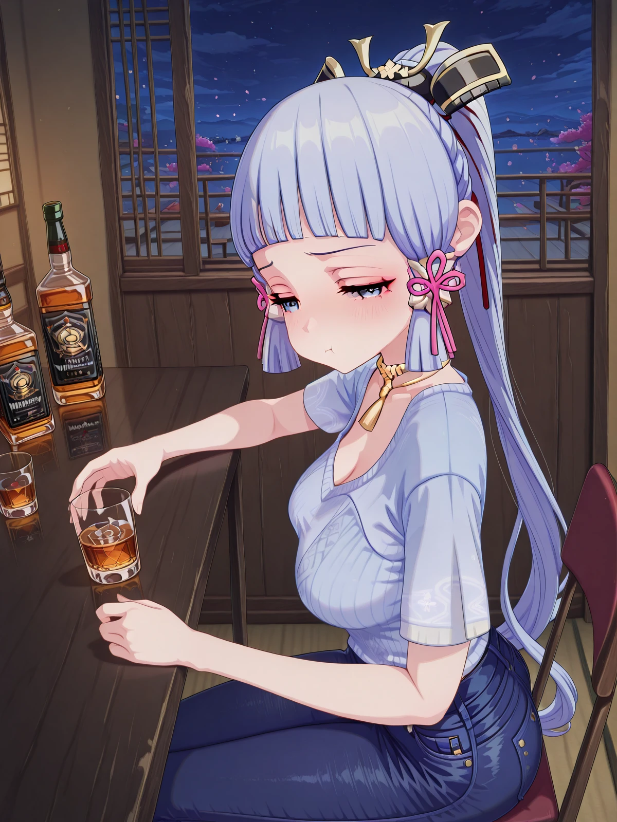 masterpiece, best quality, amazing quality,, <lora:genshin-ayaka-kamisato-ingame-illustriousxl-lora-nochekaiser:1>, ayaka kamisato, kamisato ayaka, blunt bangs, blue eyes, blue hair, hair ornament, hair ribbon, hair tubes, long hair, ponytail, tress ribbon, mature female, medium breasts, 3d,, <lora:drunk-pouting-illustriousxl-lora-nochekaiser:1>, drunk pouting, solo, looking at viewer, blush, shirt, holding, closed mouth, jewelry, sitting, white shirt, short sleeves, sky, pants, indoors, from side, sweater, cup, window, night, chair, table, bottle, denim, holding cup, night sky, drinking glass, alcohol, jeans, blue pants, :t, pout, whiskey, half-closed eyes,, , ,