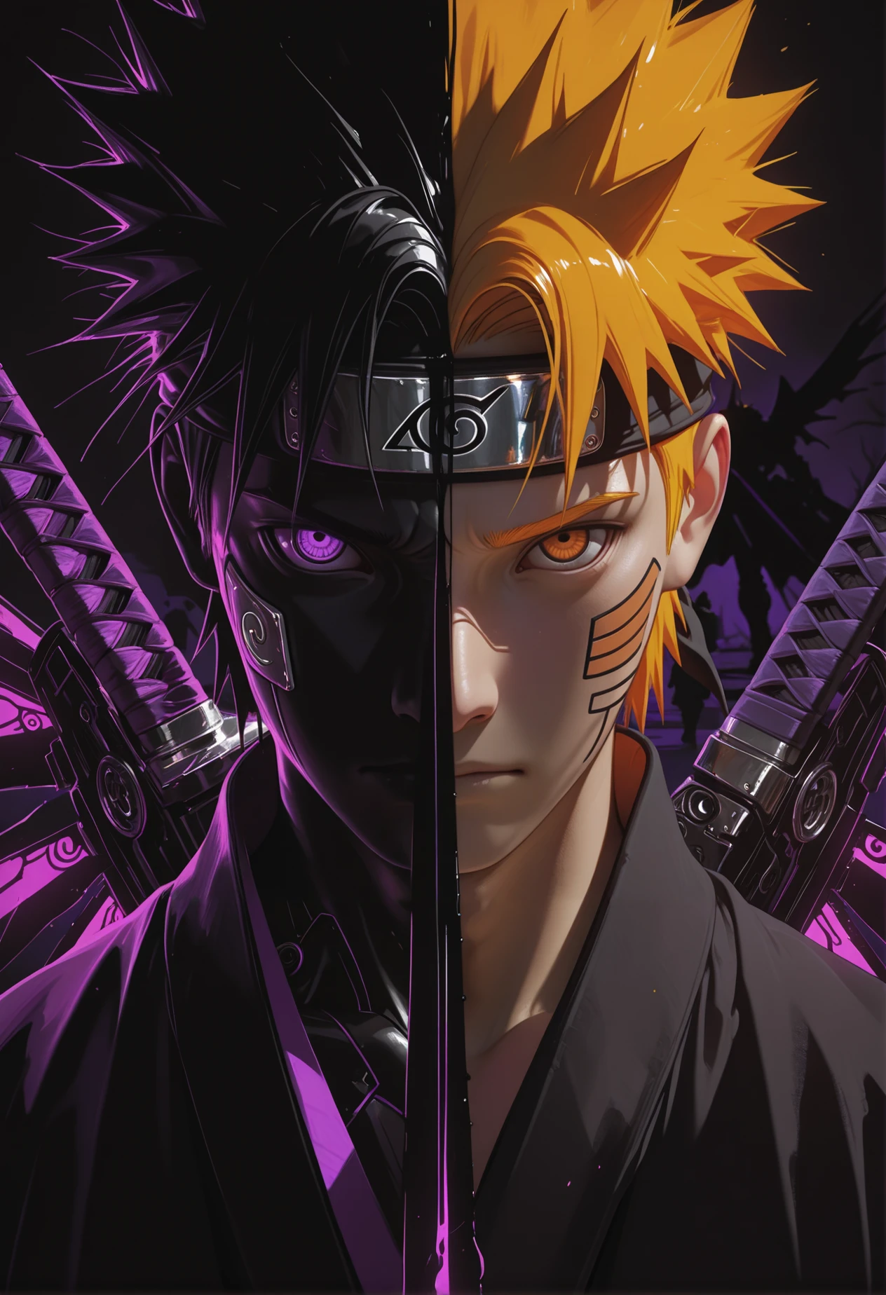 masterpiece, best quality, complementary colors,
1boy, man,
looking at viewer, 
silhouette,
tilted angle, face focus, 
mecha wings, giant sword,
samurai, spiky_hair, naruto_inspired_hair,
fantasy,
cybersijren, dimly lit, black ink, low-key, inked cyber details, dark atmosphere, <lora:cyber-sijren:0.5>