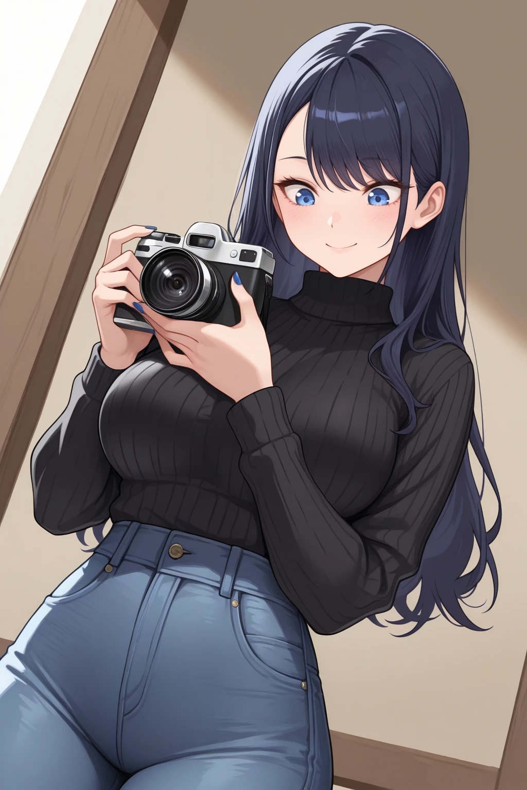 masterpiece, best quality, dutch angle, looking at object, smile, looking down, 1girl, 4r1sa, large breasts, blue eyes, dark blue hair, swept bangs, long hair, blue nails, turtleneck sweater, black sweater, high-waist pants, jeans, holding camera, digital camera, <lora:Hoseki_MyDressUpDarling_ArisaIzayoi_IllustriousXL_v1:1>