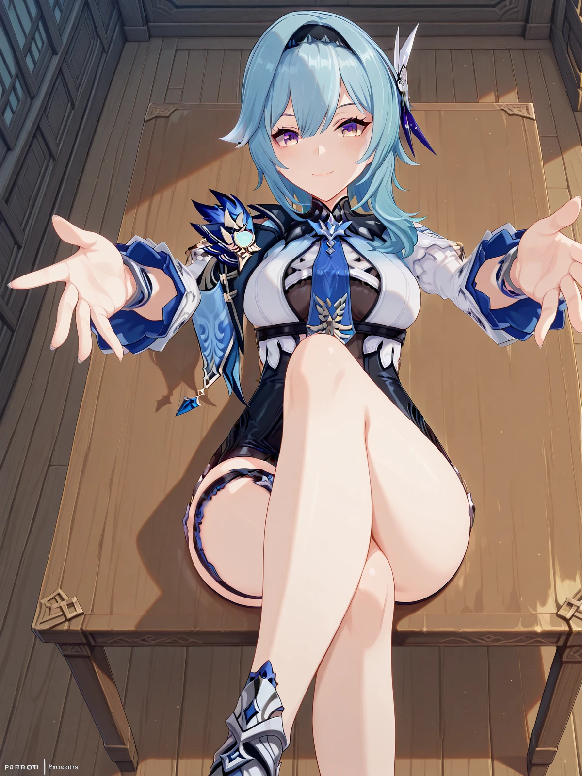 masterpiece, best quality, amazing quality,, <lora:genshin-eula-ingame-illustriousxl-lora-nochekaiser:1>, eula, eula (genshin impact), bangs, hair ornament, hair between eyes, blue hair, purple eyes, sidelocks, hairband, medium hair, black hairband, mature female, breasts, 3d, <lora:crossed-legs-reaching-towards-viewer-illustriousxl-lora-nochekaiser:1>, crossed legs reaching towards viewer, solo, looking at viewer, blush, smile, closed mouth, sitting, lying, indoors, on back, crossed legs, outstretched arms, on table, on desk,, , ,