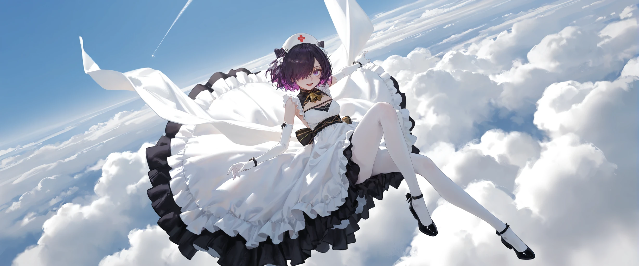 best quality,masterpiece,absurdres,newest,
(dramatic angle,dynamic angle,dynamic pose:1.2),
high-key lighting,volumetric lighting,light rays,hard lighting,
1girl,
oil painting,impasto,highres,extremely detailed 8k wallpaper,illustration,depth of field,great quality,masterpiece,best quality,amazing quality,very aesthetic,absurdres,wallpaper,detail eyes,
artist:dino_(dinoartforame),artist:konya_karasue,(artist:nixeu:0.8),(artist:wlop:0.5),artist:ciloranko BREAK
Dark fantasy style,
<lora:贾维æ¯:0.9>,cone hair bun,hair over one eye,multicolored hair,purple eyes,purple hair,short hair,two-tone hair,
masterpiece,very aesthetic,absurdres,official art,solo,smiling,open mouth,looking at viewer,(flying in the air:1.1),(zero gravity:1.1),floating,(falling:1.1) BREAK beautiful blue sky,above clouds,sun light,day,
diertaoHMS,dierHMS black and gold belt,dierHMS coronet,dierHMS ankle strap,dierHMS neck bell,dierhms black and gold neck bow,dierHMS black footwear,dierhms black and gold back bow,dierHMS white dress,dierHMS white elbow gloves,frills,dierHMS nurse cap,dierHMS head ribbon,dierHMS white pantyhose,