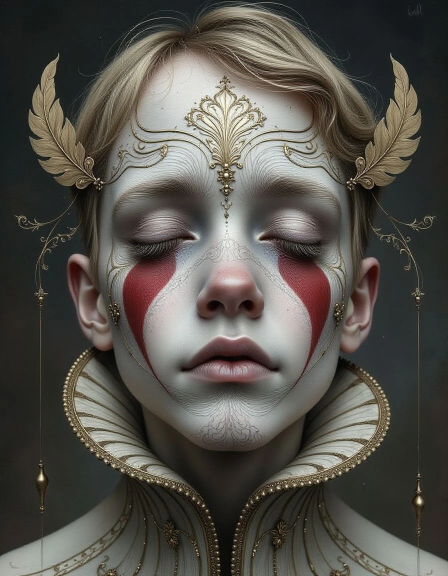 This is a highly detailed, surreal digital artwork featuring a hauntingly detailed portrait of a young person with a striking, stylized appearance. The subject is a boy or a young man with pale, almost translucent skin, adorned with intricate, ornate designs in gold that resemble feathers or delicate lace. His face is painted with bold, red patches around the eyes, creating a stark contrast against the white skin. He has a serene, almost blank expression with closed eyes.<lora:Hyper-FLUX.1-dev-8steps-lora:0.12> <lora:watercolart:1>