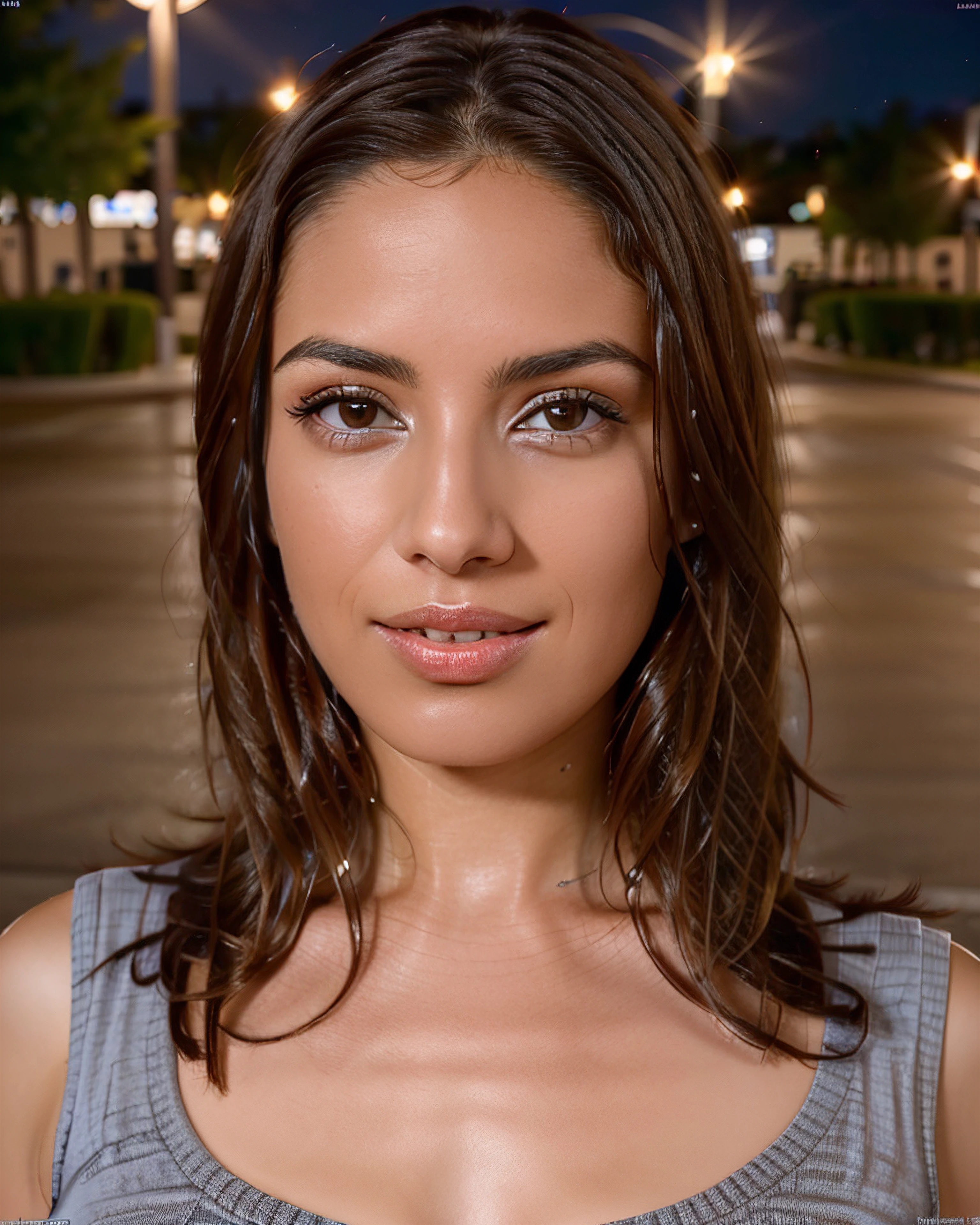  f41th, smile, portrait, face focus, close up, black hair, at night, wet pavement, city street
