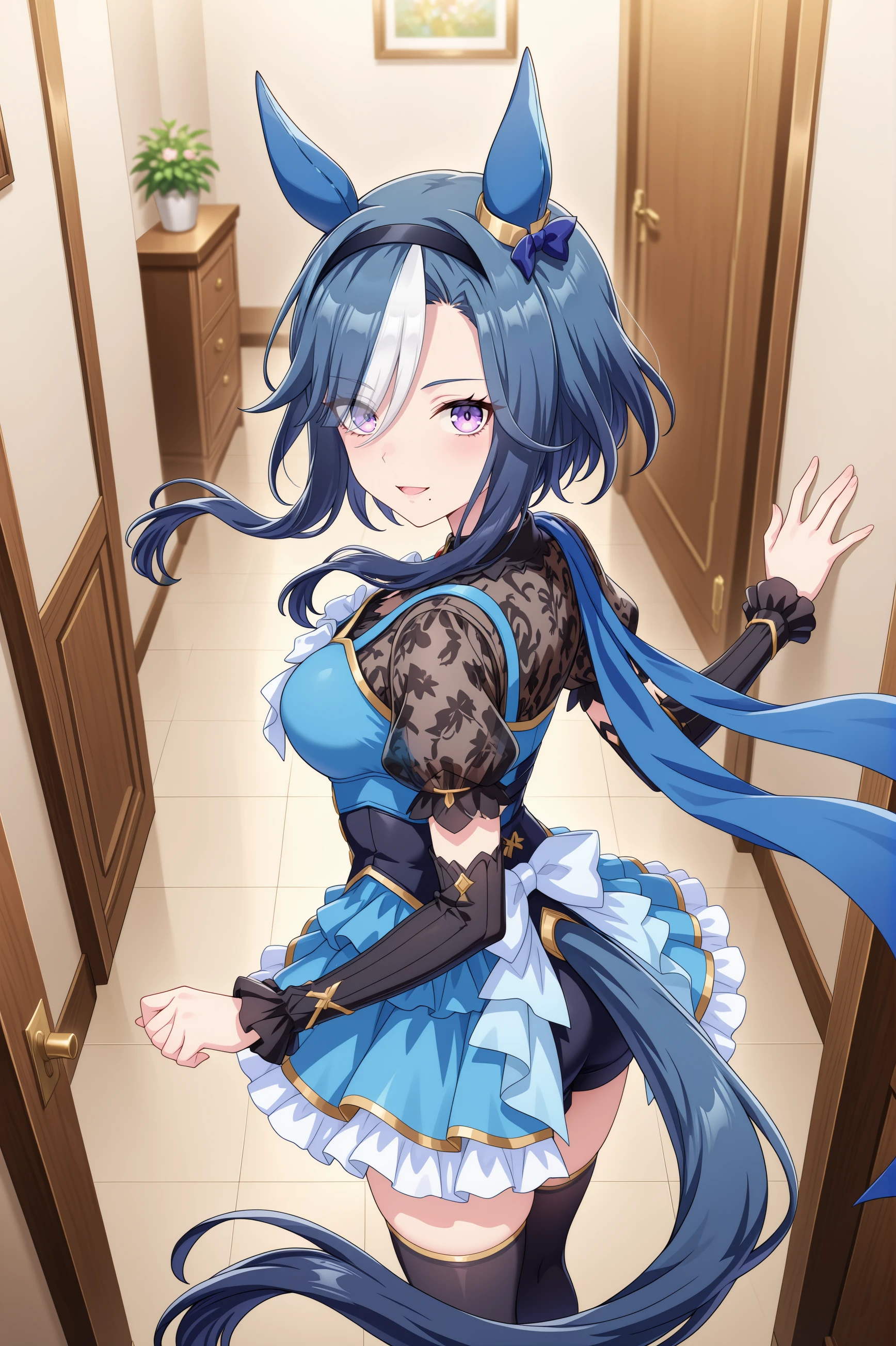 1girl, admire groove \(umamusume\), umamusume, animal ears, horse ears, horse girl, solo,
blue hair, purple eyes, multicolored hair, crown braid, ear covers, ear bow, medium breasts, white hair, two-tone hair, streaked hair, ear ornament, black hairband, medium hair, mole under mouth, blue bow, short hair with long locks, eyes visible through hair, hair over one eye,
<lora:admiregroove_Illust_v1:0.6>
high heels, black thighhighs, black shorts, white footwear, detached sleeves, blue scarf, blue dress, frilled dress, see-through sleeves, black sleeves, see-through, short shorts, puffy sleeves,
from above, feet out of frame, looking back, light smile, open mouth,entrance,
(masterpiece, best quality, newest, highres), (anime coloring:1.5), (anime screenshot:1.5)