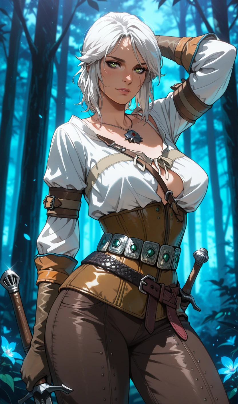 soft and warm color, movie still,bright,vivid,dreamy,evocative use of light and shadow, incredible beauty,anime style, anime coloring, vibrant,studio anime,beautiful,textural,(((masterpiece))),(((best quality))),((ultra-detailed)),impeccable, dream like, solo, 1girl, aged_up,mature female, tall_female, seductive, sexy, large breasts, perfect body, forest, looking at viewer, <lora:Ciri_The_Witcher_3:0.9>, ciri, white hair, green eyes, white shirt, brown gloves, witcher_medallion, scar on cheek, brown corset, belt, brown pants, leather_belt, sword, painting