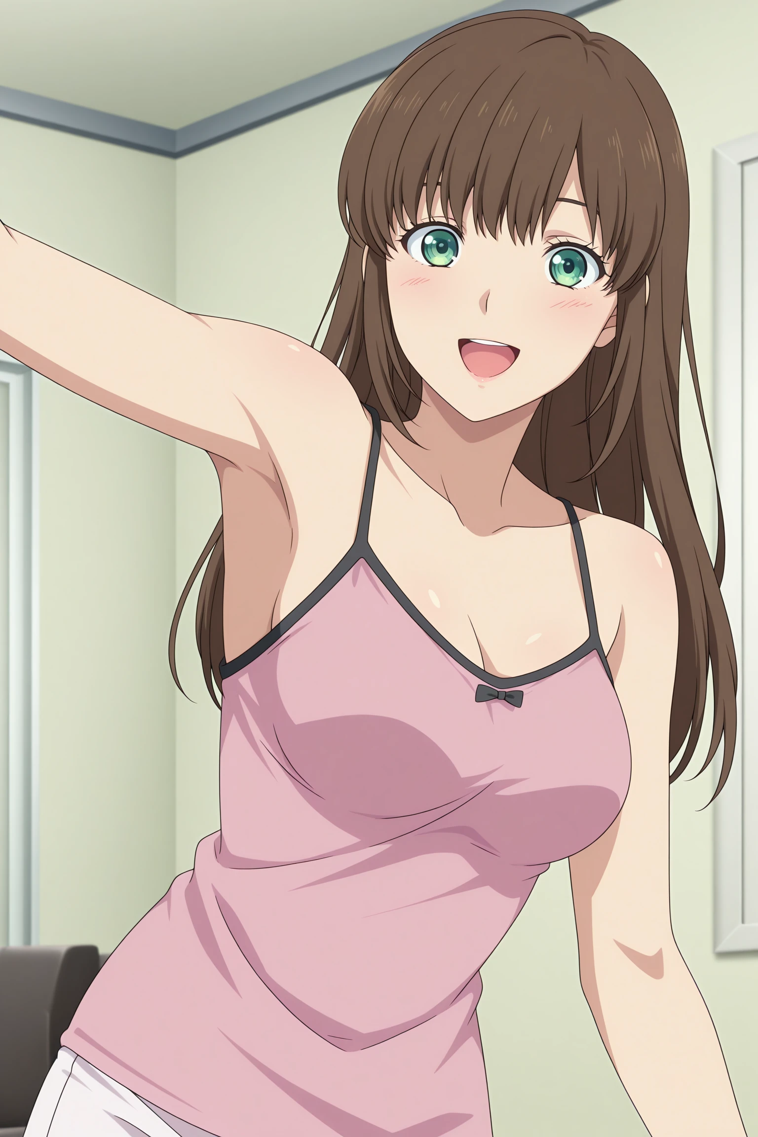 masterpiece, best quality, amazing quality, highres, absurdres, very aesthetic, high resolution, ultra detailed, perfect details, 1girl, solo, indoors, living room, tachibana hina, long hair, brown hair, sidelocks, choppy bangs, green eyes, pink camisole, spaghetti strap, black strap, white shorts, micro shorts, dolphin shorts, <lora:Hina_Tachibana_ILXL:0.9>, (aged up:1.2), (upper body:1.5), looking at viewer, (anime coloring:1.5), standing, dynamic pose, smile, open mouth