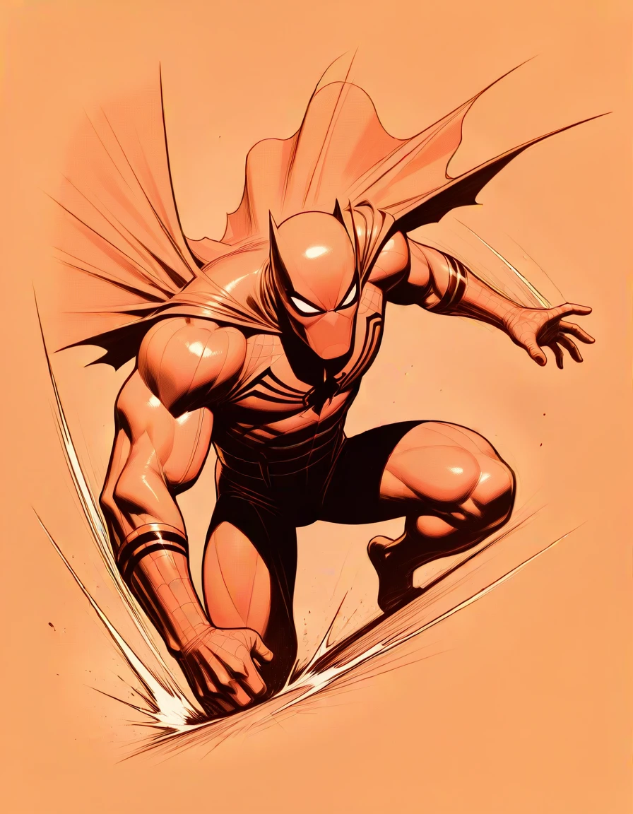 masterpiece, best_quality, very_aesthetic, highres, absurdres, ultra detailed,
  <lora:neg_3-3_V02:0.4>
 <lora:western_comic_il_MIX_V5:1.5>
1boy,  muscular male,solo focus,
 solo,superhero costume, spider-man, holding weapon speed lines, sound effects, 
 western comics \(style\) ,hatching  \(texture\), halftone,, simple background, 
limited palette, sketch,, honey orange theme,teal bluetrim, , close-up,