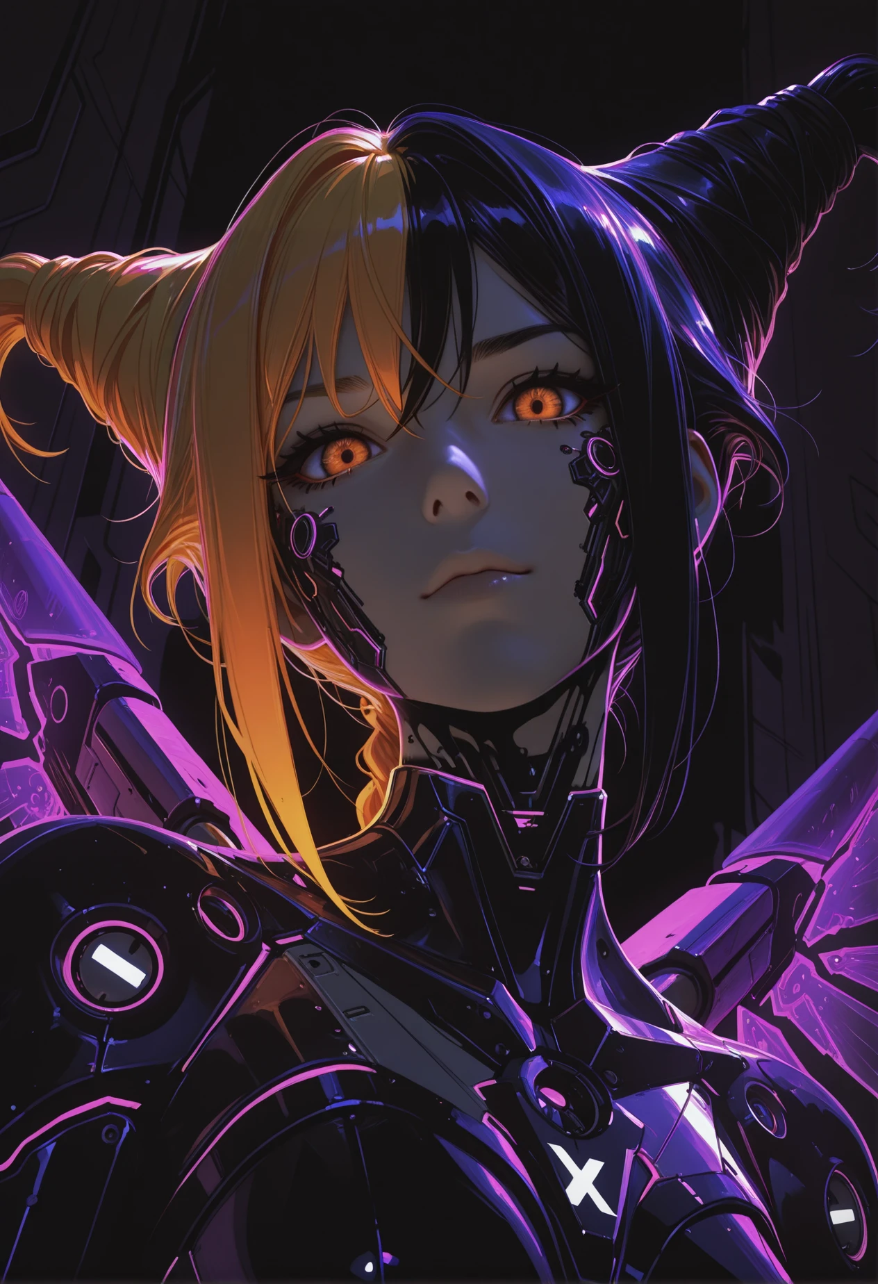 masterpiece, best quality, complementary colors,
1girl, woman,
looking at viewer, 
silhouette,
tilted angle, face focus, 
Jinx inspired hair,
mecha wings, 
mecha weapon,
fantasy,
cybersijren, dimly lit, black ink, low-key, inked cyber details, dark atmosphere, <lora:cyber-sijren:0.5>