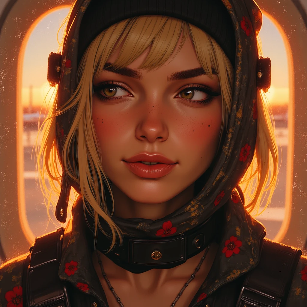 LookDaal,
hyperrealist close-up painting, portrait captured through translucent fabric ,Indian adult woman, tapered oval (narrow chin), smoky hazel eyes, subtle blend, hooded eyelids, defined brows, subtle beauty mark on cheek, minimal makeup, natural skin texture, blonde hair, pony tail, bemused smirk, tilted head, quick side glance paired with a smirk, hands gripping straps of bag, soft diffused window light, sunset-lit airport runway, open oversized collared shirt and short shorts, beanie with embroidered patch, tying a patterned scarf against the wind, warm orange ambience,