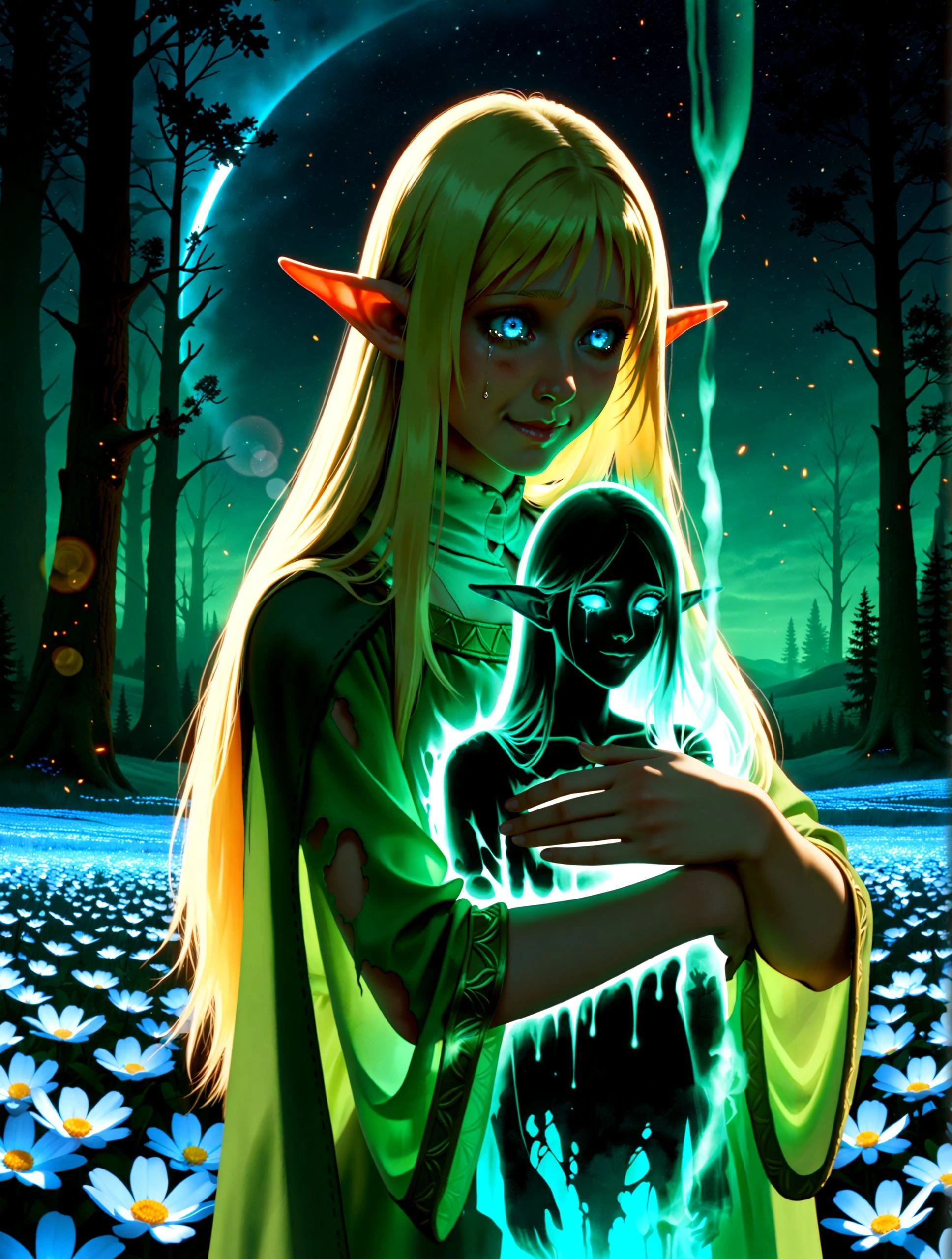 Tuka_Luna_Marceau, elf, 1girl, solo, blonde hair, blue eyes,
hugging a translucent, ghostly figure of her father,
sorrowful smile, tears, acceptance, bittersweet,
soft focus, glowing ethereal figures, particle effects (like fading embers), lens flare,
dreamlike landscape, field of flowers under a starry sky, remnants of a burned forest,
score_9, score_8_up, emotional, fantasy, atmospheric, masterpiece
<lora:Tuka_Luna_Marceau_Pony:1>