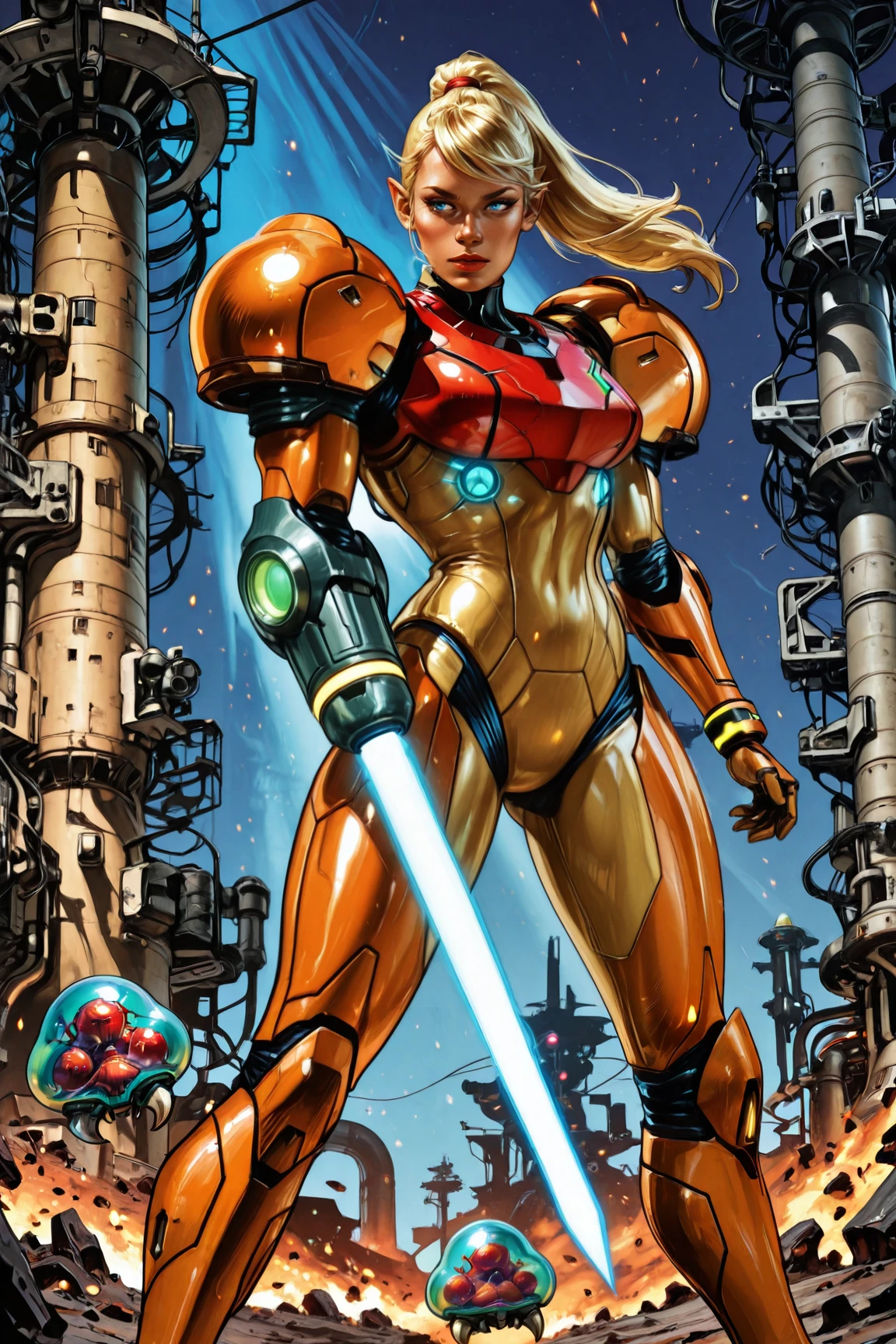embedding:Stable_Yogis_PDXL_Positives, embedding:Stable_Yogis_PDXL_Positives2, embedding:lazypos, embedding:cr1sp, ,, 1980s \(style\), 1girl, alien, arm cannon, armor, blonde hair, blue eyes, dark-skinned female, dark skin, embers, energy gun, energy sword, helmet removed, mecha, metroid \(creature\), neon trim, pilot suit, pointy ears, ponytail, power armor, redesign, rocket, samus aran, science fiction, thrusters, varia suit, weapon, masterpiece, best quality, amazing quality, very aesthetic, absurdres, newest, (scenery, volumetric lighting), 8k, detail, sharp focus, HDR, bold outlines, strong shadows, high contrast, smooth gradients, ultra detailed, vibrant, stunningly beautiful, crisp lines, detailed, sleek, ultramodern, subtle shadows, intricate, professional, high-resolution, perfect lighting, very awa, ultradetailed, solo, depth, complex lighting, movie quality
,