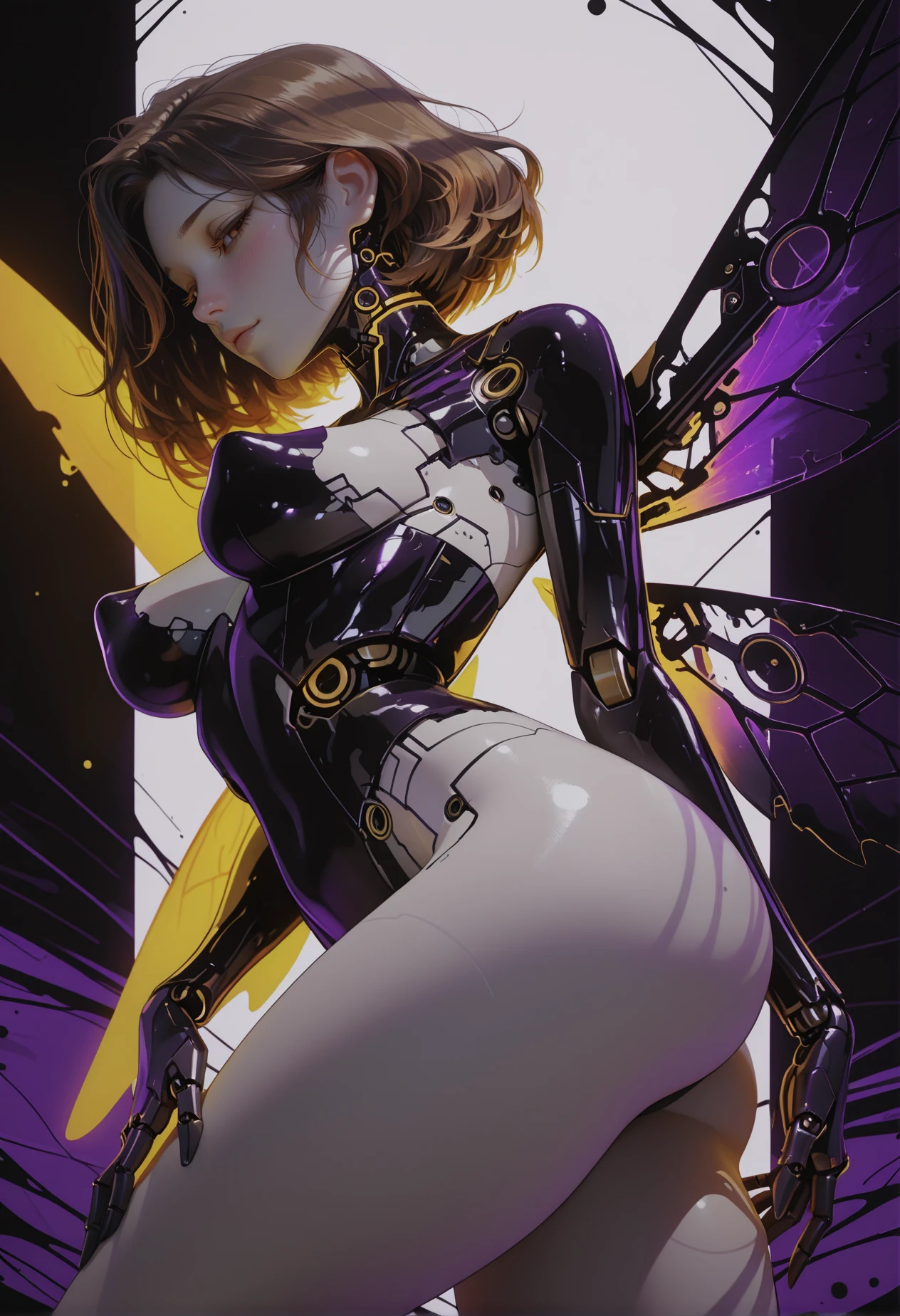 masterpiece, best quality, complementary colors,
mature woman, fairy, mecha-wings,
looking at viewer, 
perky breasts, small waist, soft thighs, skin pressed, 
very awa,
profile, tilted angle, face focus, 
fantasy,
half_lidded_eyes, blush, pretty,
one_leg_up, hand_on_inner_thigh,
cybersijren, dimly lit, black ink, low-key, inked cyber details, dark atmosphere, <lora:cyber-sijren:0.9>