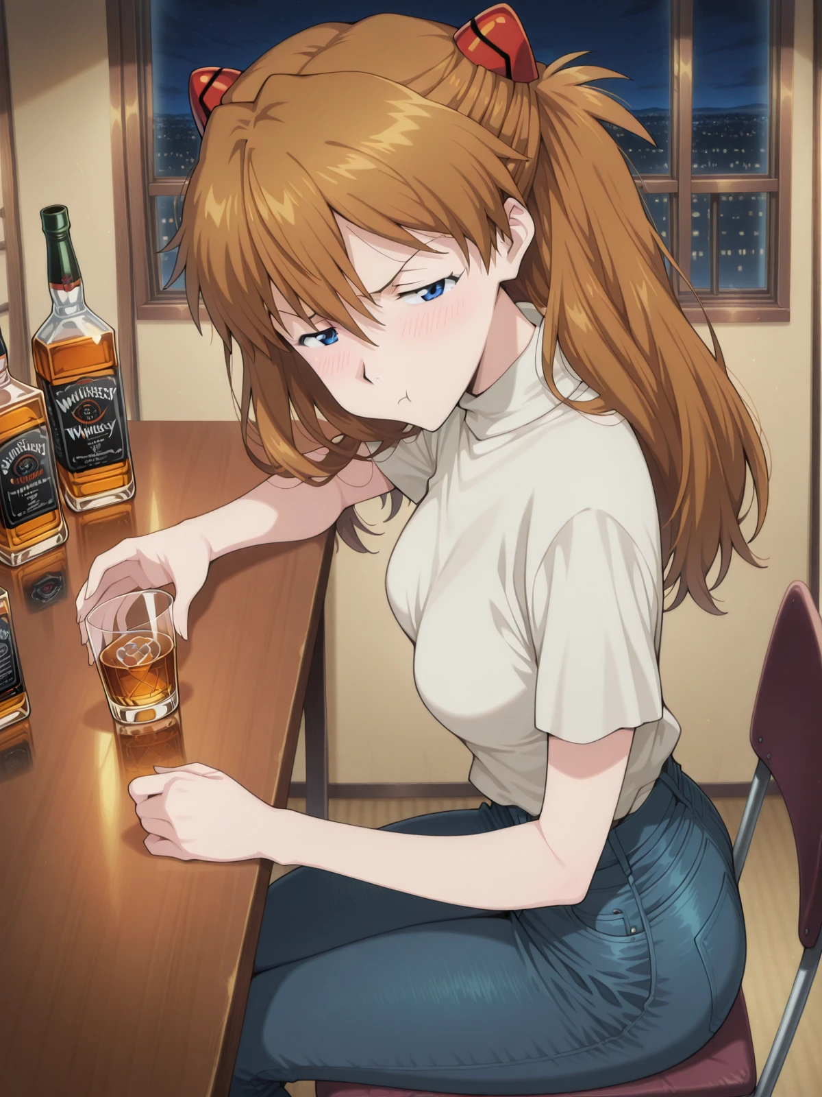 masterpiece, best quality, amazing quality,, <lora:asuka-langley-soryuu-rebuild-illustriousxl-lora-nochekaiser:1>, asuka langley soryu, souryuu asuka langley, long hair, bangs, blue eyes, brown hair, hair ornament, mature female, small breasts, anime screencap,, <lora:drunk-pouting-illustriousxl-lora-nochekaiser:1>, drunk pouting, solo, looking at viewer, blush, shirt, holding, closed mouth, jewelry, sitting, white shirt, short sleeves, sky, pants, indoors, from side, sweater, cup, window, night, chair, table, bottle, denim, holding cup, night sky, drinking glass, alcohol, jeans, blue pants, :t, pout, whiskey, half-closed eyes,, , ,