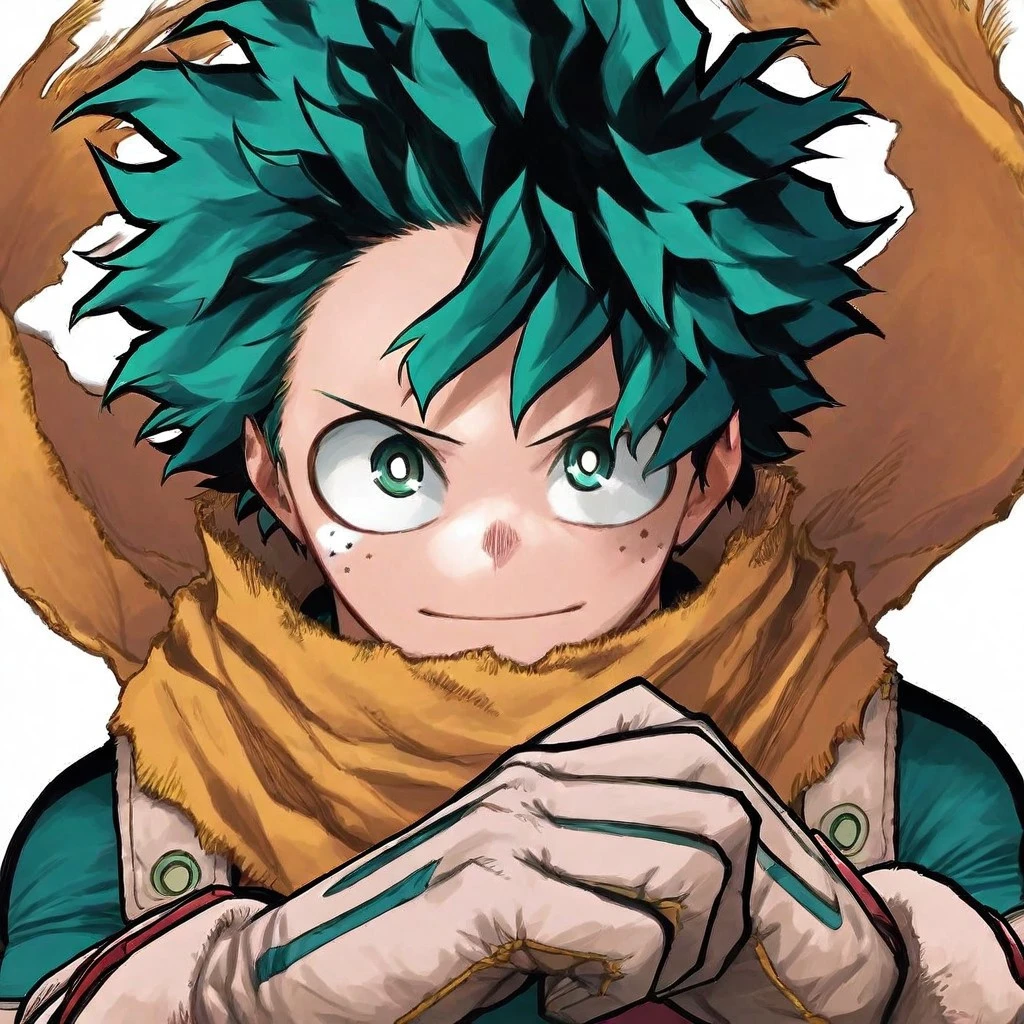 horikoshistyle, freckles, green eyes, green hair, yellowish highlight in hair, greenish, yellowish hair, male focus, smile, 1boy, looking at viewer, gloves, simple background, bodysuit, white background, scarf, short hair, solo, white gloves, green bodysuit, yellow scarf, closed mouth, upper body, bangs, yellow gloves, izuku midoriya