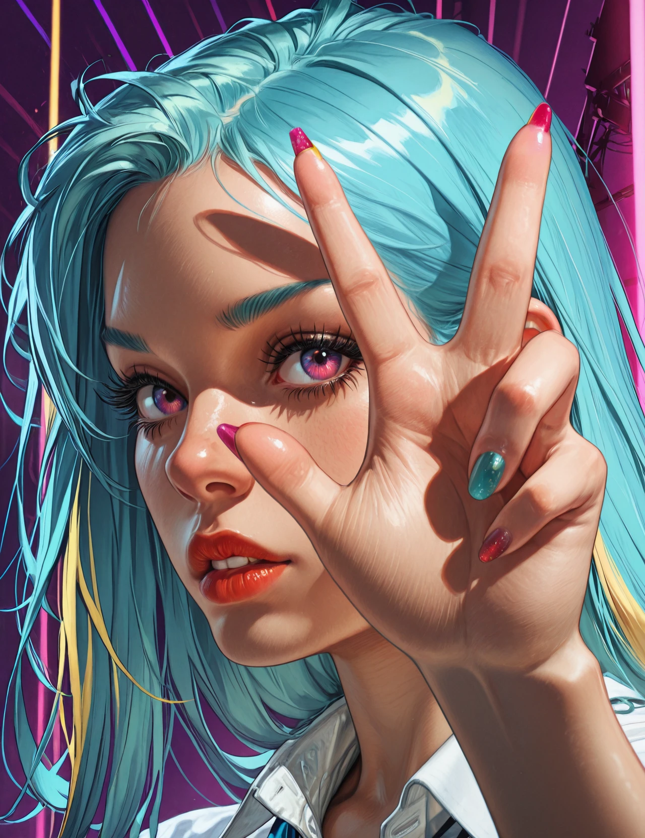 embedding:Stable_Yogis_PDXL_Positives, embedding:Stable_Yogis_PDXL_Positives2, embedding:lazypos, embedding:cr1sp, ,, 1girl, aqua hair, aqua nails, black nails, blue nails, close-up, collared shirt, eyelashes, face, film grain, fingers, foreshortening, green nails, hands, long fingernails, multicolored hair, multicolored nails, nail art, nail polish, pink nails, purple nails, red nails, sharp fingernails, shirt, streaked hair, toenail polish, toenails, yellow nails, masterpiece, best quality, amazing quality, very aesthetic, absurdres, newest, (scenery, volumetric lighting), 8k, detail, sharp focus, HDR, bold outlines, strong shadows, high contrast, smooth gradients, ultra detailed, vibrant, stunningly beautiful, crisp lines, detailed, sleek, ultramodern, subtle shadows, intricate, professional, high-resolution, perfect lighting, very awa, ultradetailed, solo, depth, complex lighting, movie quality
,