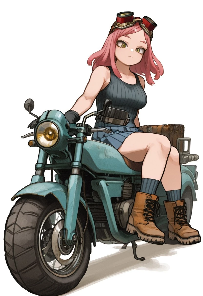 horikoshistyle, 1girl, gloves, brush stroke, texture, motor vehicle, solo, skirt, ground vehicle, boots, white background, goggles, pink hair, blue skirt, motorcycle, looking at viewer, tank top, pleated skirt, black gloves, simple background, sitting, yellow eyes, closed mouth, brown footwear, red hair, breasts, sleeveless, ribbed shirt, goggles on head, socks, black shirt, medium hair, shirt, mei hatsume