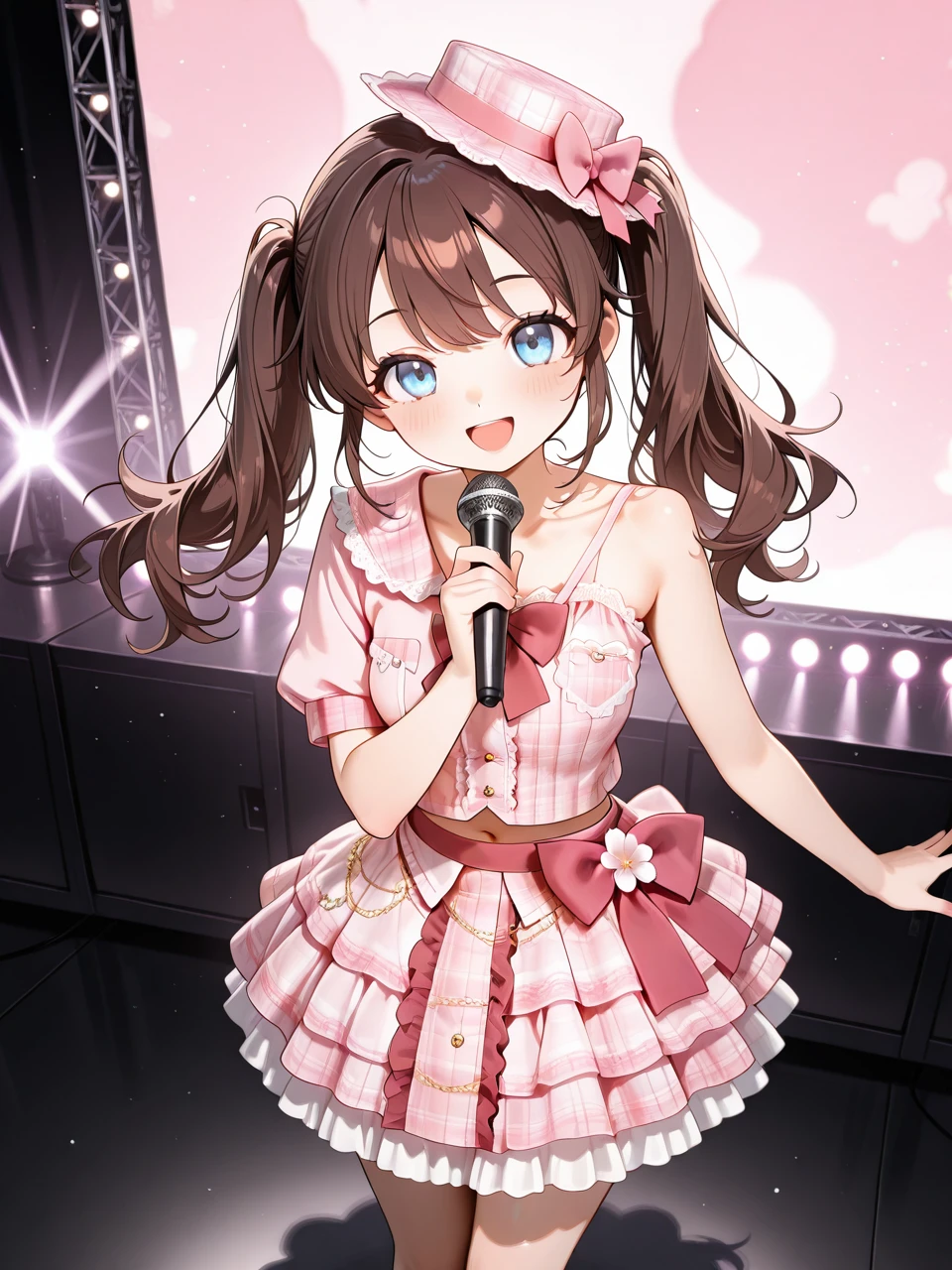 embedding:lazypos,detailed background,delicate, dreamy,
1girl, solo,
Hanasaki_Himari_OC, long hair, blue eyes, brown hair,twintails, breasts,
short single sleeve plaid shirt,bare shoulder, strap,pink shirt,red bowtie,lace trim,breast pocket,stomach,navel,
layered skirt,pink short plaid skirt,frills,lace trim,red waist bow,
plaid hat,pink hat bow,lace trim,
cowboy_shot,bare_legs,  
standing,looking_at_viewer,smile,singing,holding_microphone,front view,waving_arm,from_above,     
stage,stage_lights, 
