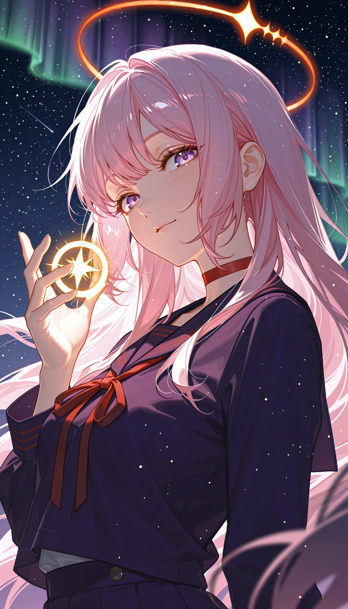 masterpiece, best quality, amazing quality, 4k, very aesthetic, high resolution, ultra-detailed, absurdres, newest, scenery, 1girl, solo, cute, pink hair, long hair, choppy bangs, long sidelocks, nebulae cosmic purple eyes, rimlit eyes, facing to the side, looking at viewer, downturned eyes, light smile, red choker, detailed purple serafuku, glowing big red ribbon, detailed red annular solar eclipse halo, glowing stars in hand, fingers, arched back, from below, dutch angle, portrait, upper body, head tilt, colorful, rim light, backlit, (colorful light particles:1.2), cosmic sky, aurora, chaos, perfect night, fantasy background, BREAK, detailed background, blurry foreground, bokeh, depth of field, volumetric lighting