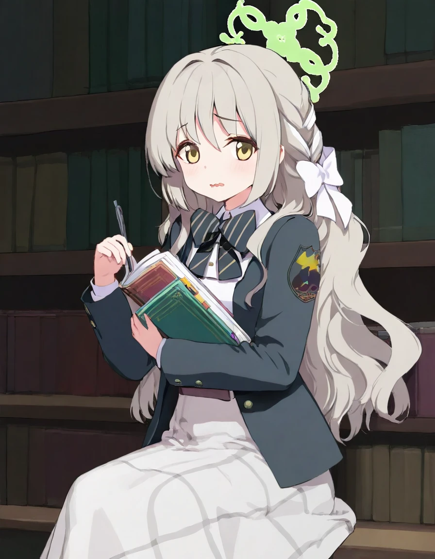 miyo \(blue archive\),<lora:miyo_xl_v1.0:1>,<lora:BAstyle_v2:0.8>,(artist:ningen_mame:0.9),(artist:sho_(sho_lwlw):0.9),(artist:rhasta:0.9),(artist:wlop:0.7),(artist:ke-ta:0.6),(fkey:0.5),(fuzichoco:0.6),artist:chen bin,(hyouuma:0.85),looking_at_viewer,full_shot,1girl,solo,vertigris,wavy mouth,sitting,reading,library,very awa,masterpiece,best quality,year 2024,newest,highres,absurdres,best quality,amazing quality,very aesthetic,absurdres,