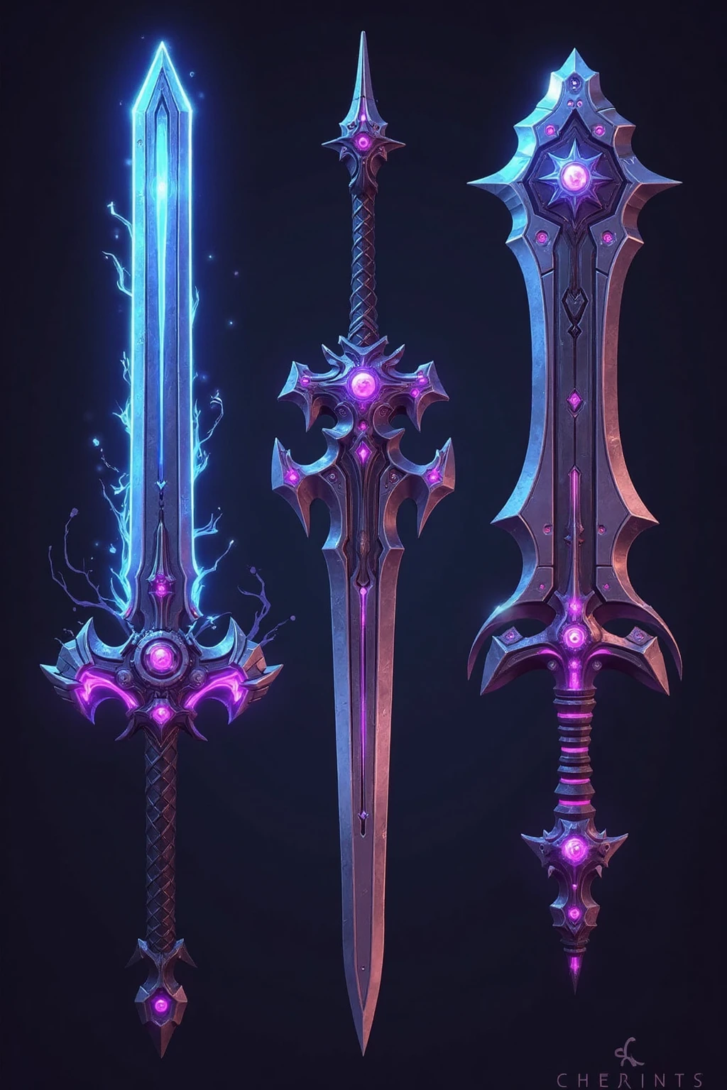 E_style,Fantasy weapon designs, volcanic theme, lava - like blades, obsidian hilts, fiery glow, for mountain - dwelling fighters.