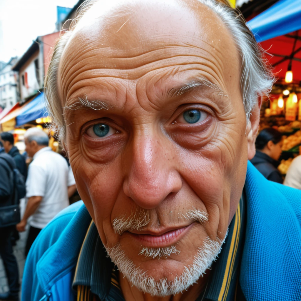 score_9, score_8_up, score_7_up, close-up portrait of an elderly man with deep wrinkles and expressive eyes, high-resolution, vibrant colors in a bustling street market setting, detailed facial textures, sharp focus, 8K UHD, masterpiece, best quality, ultra detailed, photorealistic skin and environment with people in background.