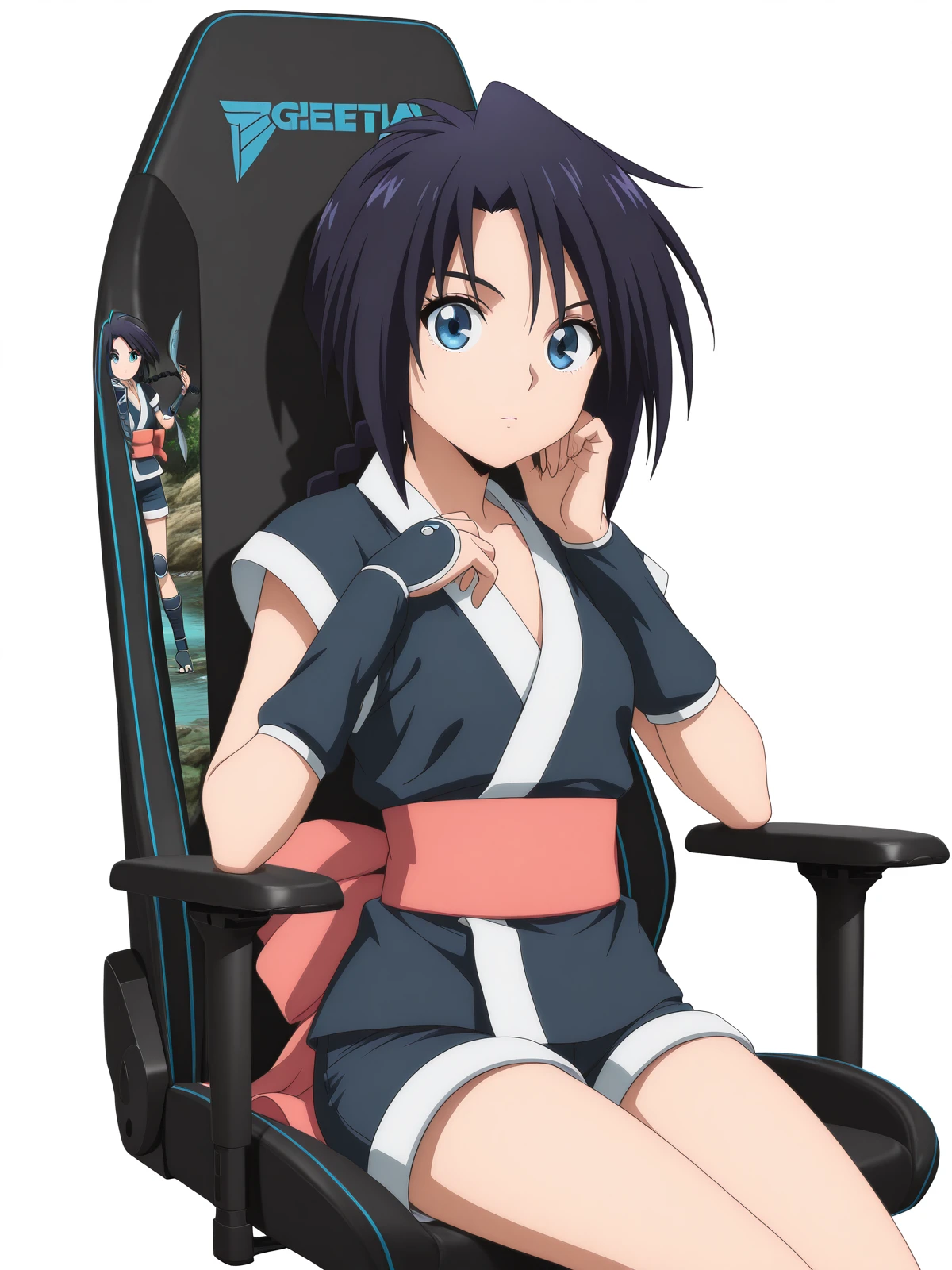 masterpiece, best quality, amazing quality,, <lora:misao-makimachi-anime2023-illustriousxl-lora-nochekaiser:1>, misao makimachi, long hair, blue eyes, black hair, braid, single braid, mature female, small breasts, anime screencap, shorts, sash, japanese clothes, ninja,, <lora:secretlab-chair-illustriousxl-lora-nochekaiser:1>, secretlab chair, chair, office chair, gaming chair, sitting, cowboy shot, elbow rest, river, flowing, fish, banks, current, cowboy shot, solo, looking at viewer, <lora:transparent-background-illustriousxl-lora-nochekaiser:1>, transparent background, simple background, white background