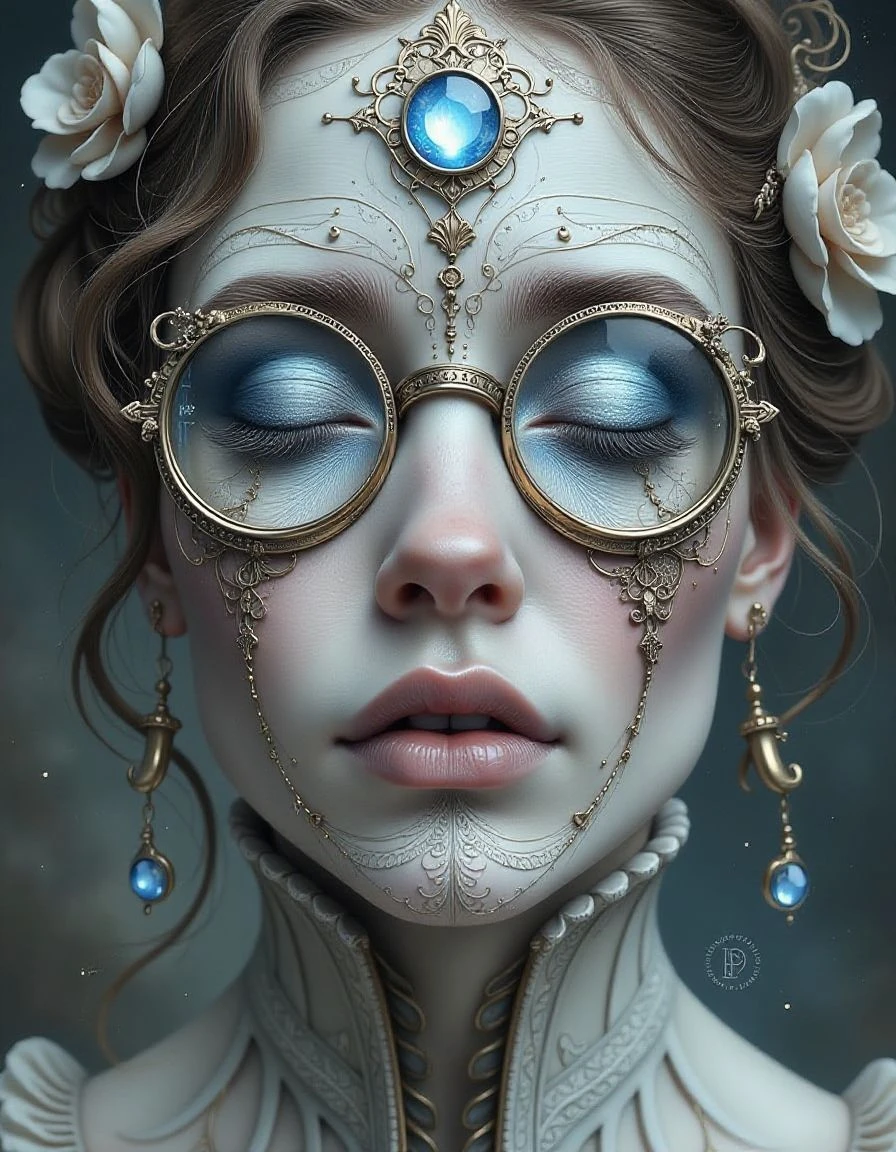 This image is a highly detailed, fantastical digital artwork in a surreal, steampunk style. The subject is a woman with an ethereal, almost otherworldly appearance. Her skin is depicted as a delicate, intricate lace-like texture, with a mix of white and silver tones that resemble porcelain. Her eyes are closed, and her face is adorned with elaborate, ornate glasses that have a reflective, blue hue, giving the illusion of her eyes glowing with an ethereal light.<lora:Hyper-FLUX.1-dev-8steps-lora:0.12> <lora:watercolart:1>