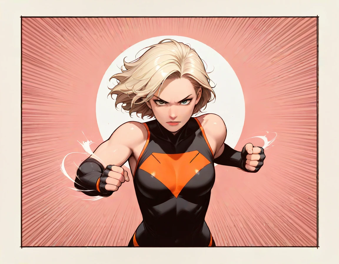 masterpiece, best_quality, very_aesthetic, highres, absurdres, ultra detailed,
  <lora:neg_3-3_V02:0.4>
 <lora:western_comic_il_MIX_V5:1.5>
fighting stance,  speed lines, sound effects, 
 western comics \(style\) ,hatching  \(texture\), halftone,, burlywood theme,sun orangetrim, , upper body,