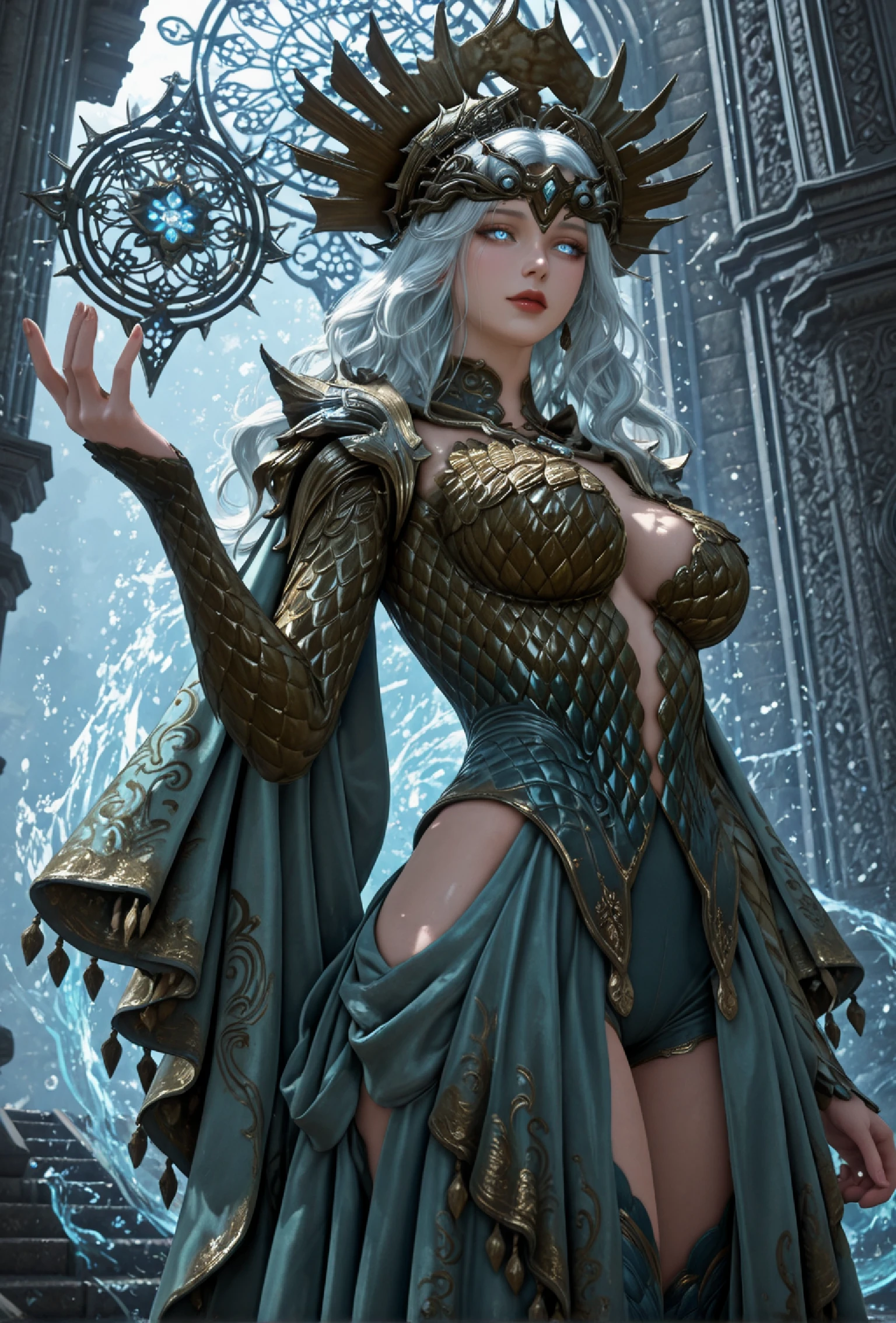 photorealistic,realistic,soft light,emotional expression,realistic shadows,erotic tension,digital painting,cel-shading,(masterpiece:1.2),(best quality:1.1),amazing quality,absurdres,ultra detailed,8k,ray tracing,very aesthetic,volumetric lighting,newest,anthro,detailed face eyes and fur,uncensored,
embedding:lazympos,
Rusalka, beautiful woman, elegant, regal, goddess-like, fair skin, flawless face, mature woman, blue eyes, glowing eyes, eyelashes, thick lips, red lips, absurdly long hair, wavy hair, silver hair, white hair, ornate golden crown, spiked crown, gemstone centerpiece, seashell motif crown, royal jewelry, gemstone necklace, ornate choker,
golden armor, scale armor, metallic chestplate, cleavage cutout, large breasts, armored scale sleeves, ornate shoulder plates, flowing cape, teal cloak, long cloak, embroidered cloak, golden embroidery, tassel details, aqua-blue fabric, silky fabric, layered skirt, slit dress, thigh slit, elegant drapery, intricate hem patterns, thick thighs, wide hips, narrow waist, blue ornate thighhighs, high heels, standing,
mystical aura, oceanic aura,underwater ruins, royal floor,
cowboy_shot, dutch_angle, from_side, from_below,