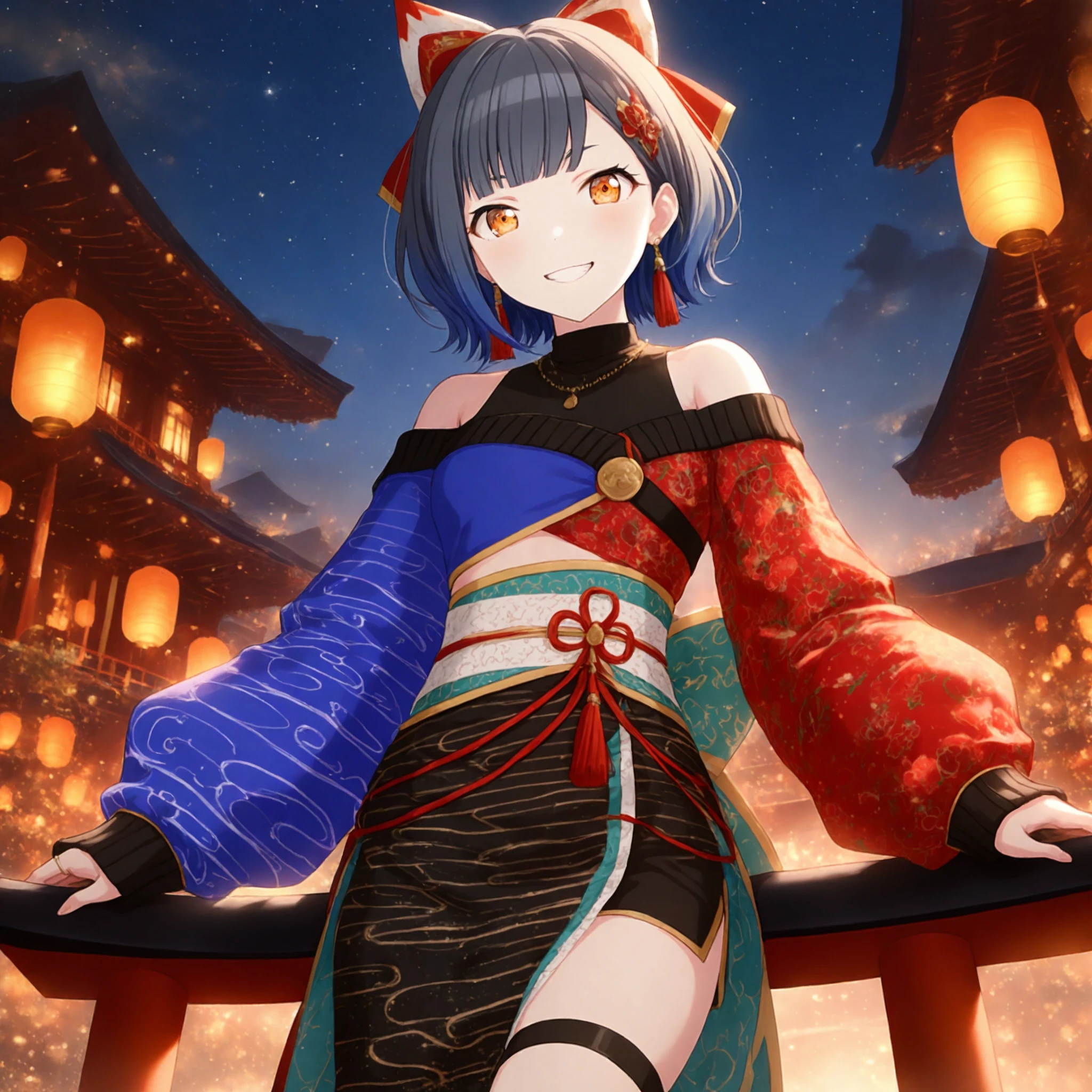 1girl, (shiraishi an:0.1), project sekai, solo, from below,
awf, short hair, shaggy, blunt bangs, blunt end, orange eyes, detailed eyes, grin,
looking at viewer, sitting on torii, leaning back, support arms, cowboy shot, four fingers and thumb,
asymmetrical sleeves, necklace, thigh strap, bow, bare shoulders, sash, off shoulder, japanese clothes, chinese clothes, puffy long sleeves, puffy sleeves, sweater, ring, dress, obi, sleeves past wrists, tassel, side slit, belt, turtleneck, red bow, white hair bow,
dark, midnight, moonlight, starry sky, japanese shrine, red torii, japanese lantern,
nijistyle, jwst, masterpiece, amazing quality, very aesthetic,
<lora:ObIL-style-nijistyle02:0.4>, <lora:ObIL-style-JWST02:0.2>,
<lora:ObIL-vbs-NewYearAn01:0.6>