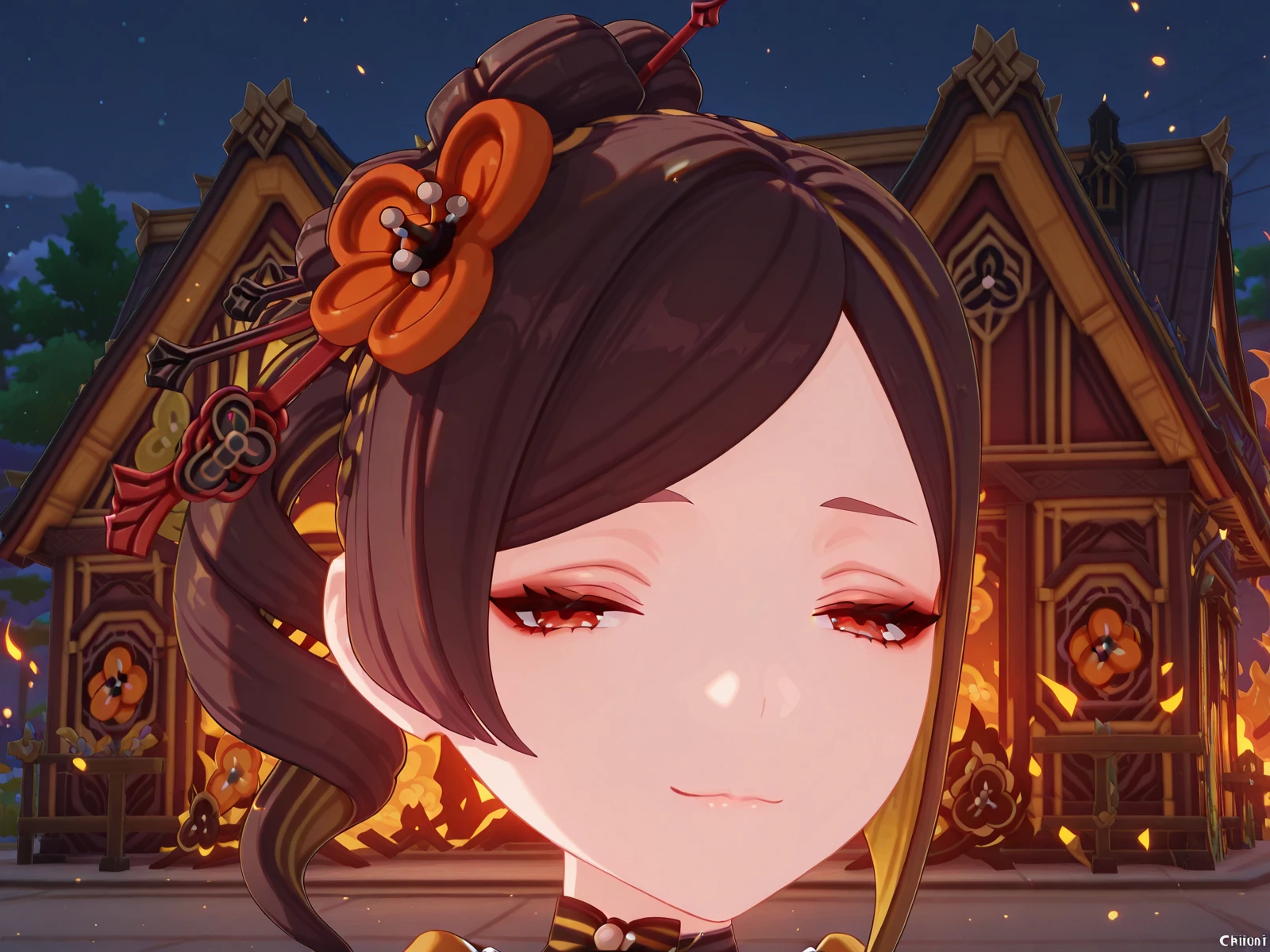 masterpiece, best quality, amazing quality,, <lora:genshin-chiori-ingame-illustriousxl-lora-nochekaiser:1>, chiori, chiori (genshin impact), brown hair, hair ornament, red eyes, flower, hair flower, mature female, medium breasts, 3d,, <lora:disaster-girl-illustriousxl-lora-nochekaiser:1>, disaster girl, disaster girl (meme), solo, looking at viewer, smile, closed mouth, upper body, blurry, blurry background, night, depth of field, half-closed eyes, parody, fire, meme, smug, burning house,, , ,