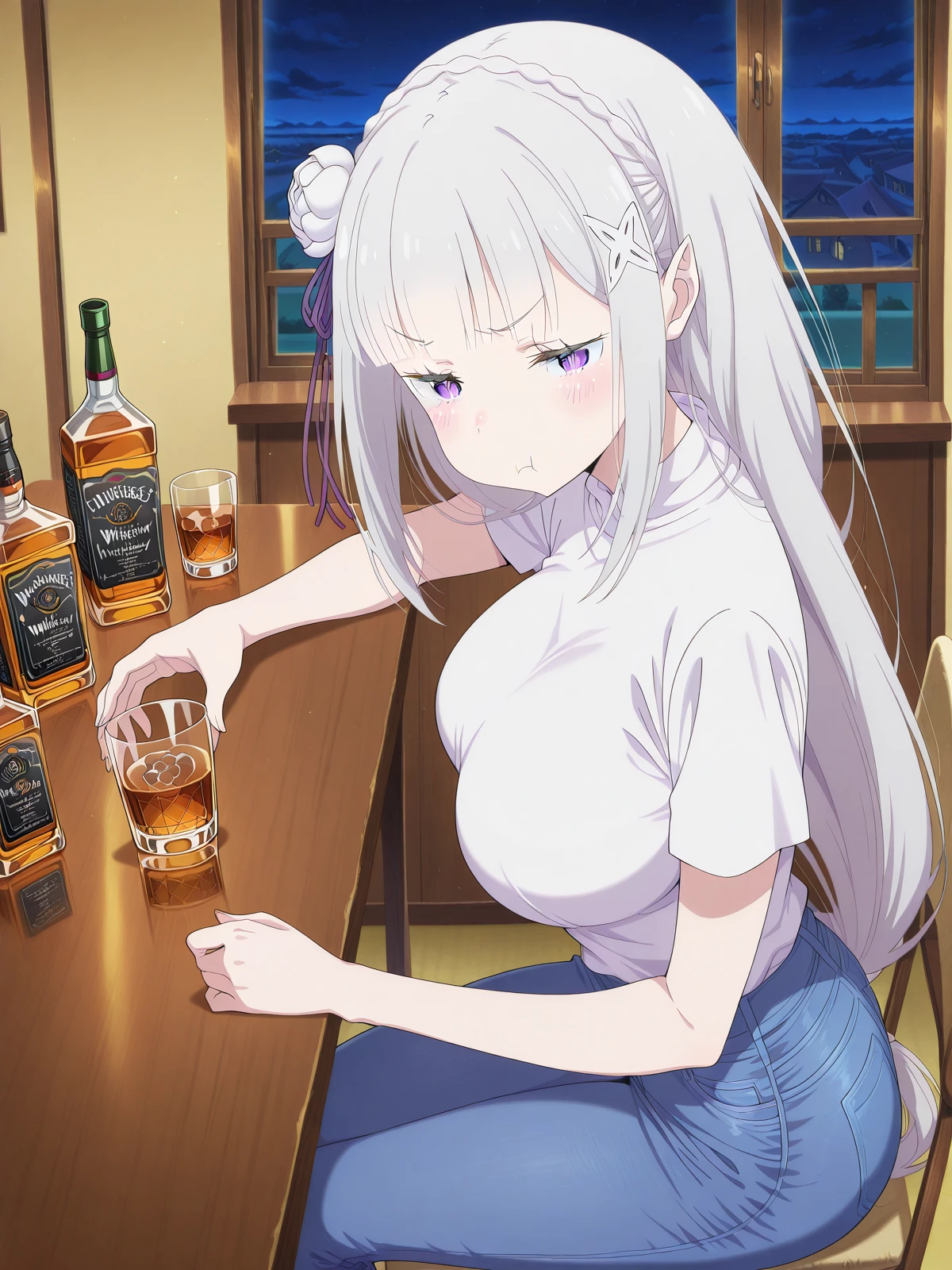 masterpiece, best quality, amazing quality,, <lora:rezero-emilia-s3-illustriousxl-lora-nochekaiser:1>, emilia, emilia (re:zero), braid, crown braid, flower, hair flower, hair ornament, hair ribbon, long hair, pointy ears, purple eyes, white hair, x hair ornament, mature female, large breasts, anime screencap, <lora:drunk-pouting-illustriousxl-lora-nochekaiser:1>, drunk pouting, solo, looking at viewer, blush, shirt, holding, closed mouth, jewelry, sitting, white shirt, short sleeves, sky, pants, indoors, from side, sweater, cup, window, night, chair, table, bottle, denim, holding cup, night sky, drinking glass, alcohol, jeans, blue pants, :t, pout, whiskey, half-closed eyes,, , ,