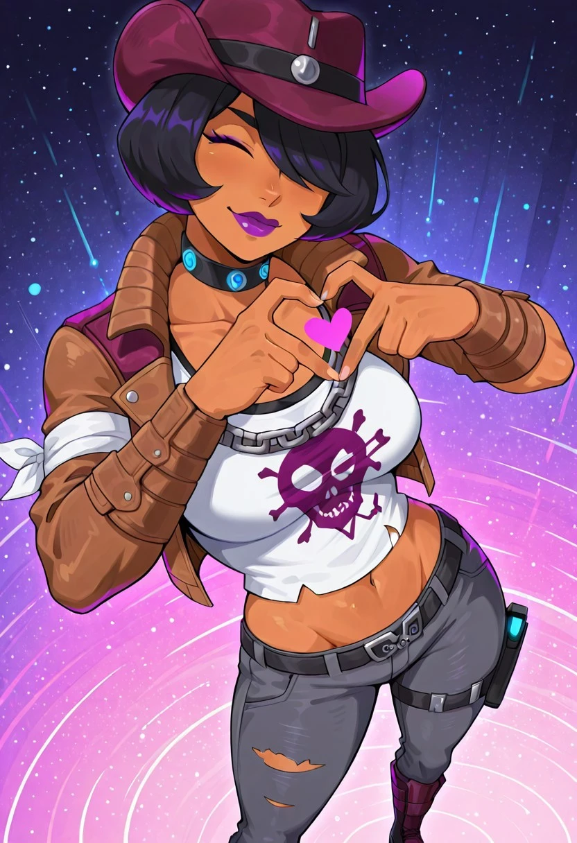 NishaBTPS, 1girl, solo, tanned skin, purple cowboy hat, black hair, bobcut, yellow eyes, hair over one eye, full lips, purple lipstick, choker, white torn shirt with print, brown jacket, large breasts, navel, midriff, groin, belt, grey denim pants, bandage, collar, chain, holster, boots, handgun, revolver,
masterpiece, best quality, fine details, intricate details, depth of field, subsurface scattering, bokeh, ultra-detailed, very aesthetic, detailed background, newest, scenery, highres, absurdres, colorful, vibrant, glowing, perfect face, 2d, perfect eyes, vibrant saturated colors, volumetric lighting, sharp, detailed eyes, perfect anatomy, perfect face, perfect eyes, mature body, clear eyes, beautiful eyes, athletic, curvy body, athletic girl, perky tits, perfect tits, round breasts, pinup pose, teasing, lustful expression, perfect hands,
muscular female, dutch angle, dynamic pose,
(from above, :1.2), reaching towards viewer, heart hands, 4-Finger Heart Hands, facing viewer, looking at viewer, head tilt, ^_^, (closed eyes, :1.1), makeup, mascara, thick lips, lipstick, happy, cute, closed mouth, (light smile),
,Smooth Negative, Smooth_Quality,