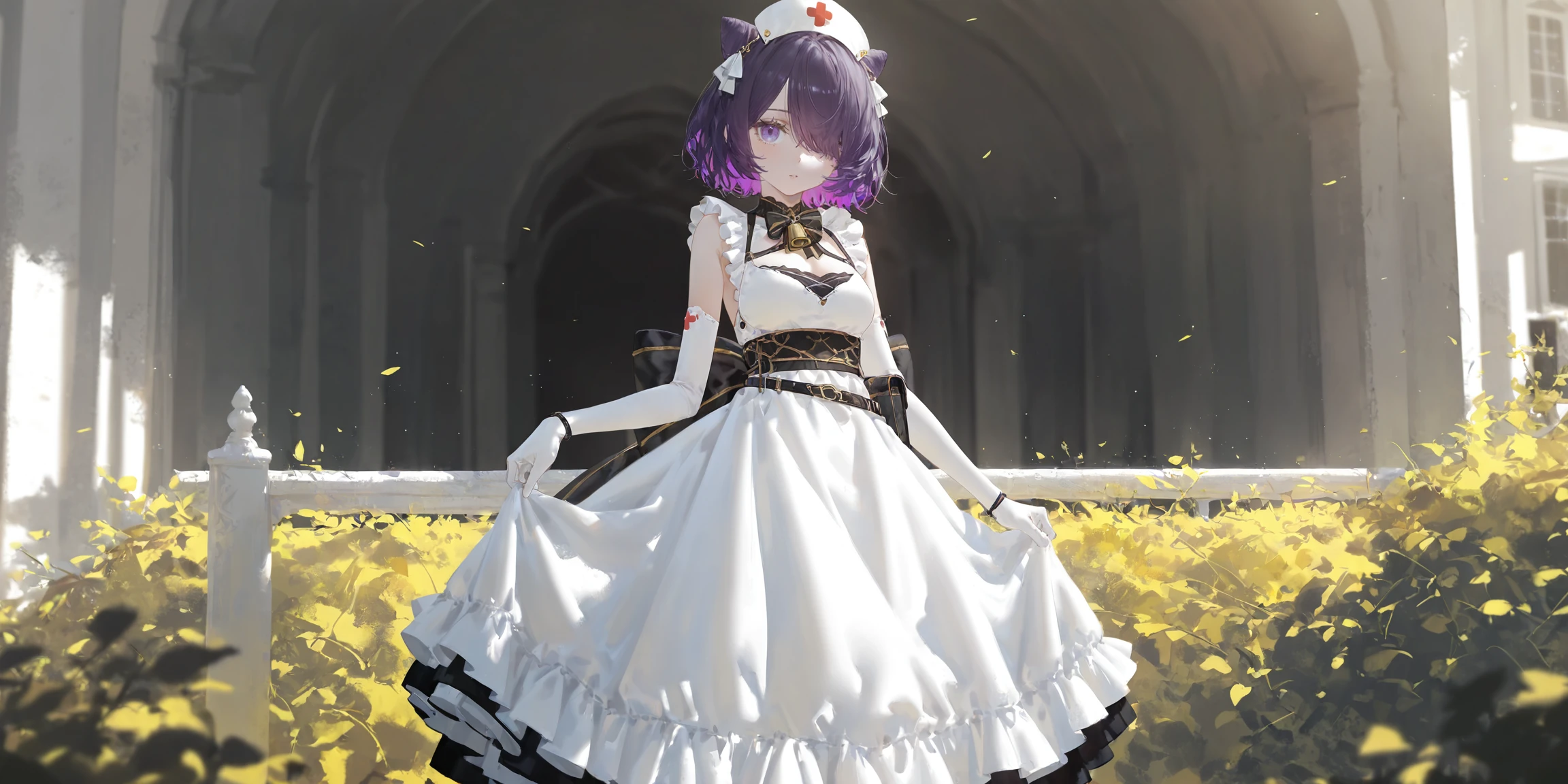 oil painting,impasto,highres,extremely detailed 8k wallpaper,illustration,depth of field,great quality,masterpiece,best quality,amazing quality,very aesthetic,absurdres,wallpaper,detail eyes,
artist:dino_(dinoartforame),artist:konya_karasue,(artist:nixeu:0.8),(artist:wlop:0.5),artist:ciloranko BREAK
Dark fantasy style,1girl,solo,outdoors,hair flowing over,
<lora:贾维æ¯:1>,cone hair bun,hair over one eye,multicolored hair,purple eyes,purple hair,short hair,two-tone hair,
diertaoHMS,dierHMS black and gold belt,dierHMS coronet,dierHMS neck bell,dierhms black and gold neck bow,dierhms black and gold back bow,dierHMS white dress,dierHMS white elbow gloves,frills,dierHMS nurse cap,dierHMS head ribbon,