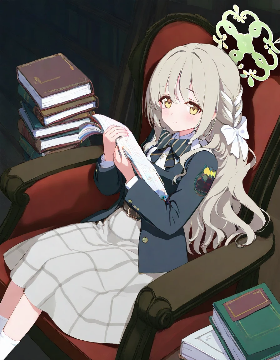 miyo \(blue archive\),<lora:miyo_xl_v1.0:1>,<lora:BAstyle_v2:0.8>,(artist:ningen_mame:0.9),(artist:sho_(sho_lwlw):0.9),(artist:rhasta:0.9),(artist:wlop:0.7),(artist:ke-ta:0.6),(fkey:0.5),(fuzichoco:0.6),artist:chen bin,(hyouuma:0.85),looking_at_viewer,full_shot,1girl,solo,sitting,reading,library,very awa,masterpiece,best quality,year 2024,newest,highres,absurdres,best quality,amazing quality,very aesthetic,absurdres,