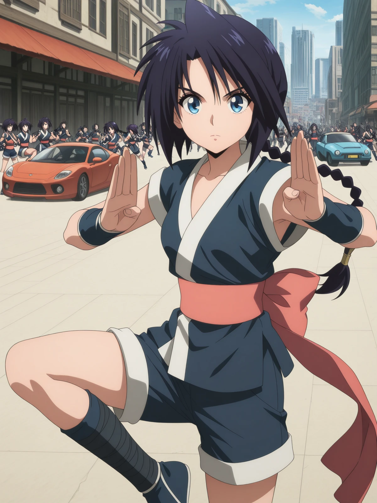 masterpiece, best quality, amazing quality,, <lora:misao-makimachi-anime2023-illustriousxl-lora-nochekaiser:1>, misao makimachi, long hair, blue eyes, black hair, braid, single braid, mature female, small breasts, anime screencap, shorts, sash, japanese clothes, ninja,, <lora:kung-fu-illustriousxl-lora-nochekaiser:1>, kung fu, martial arts, training, fighting stance, cowboy shot, hands up, leg up, city, buildings, streets, cars, people, cowboy shot, solo, looking at viewer,