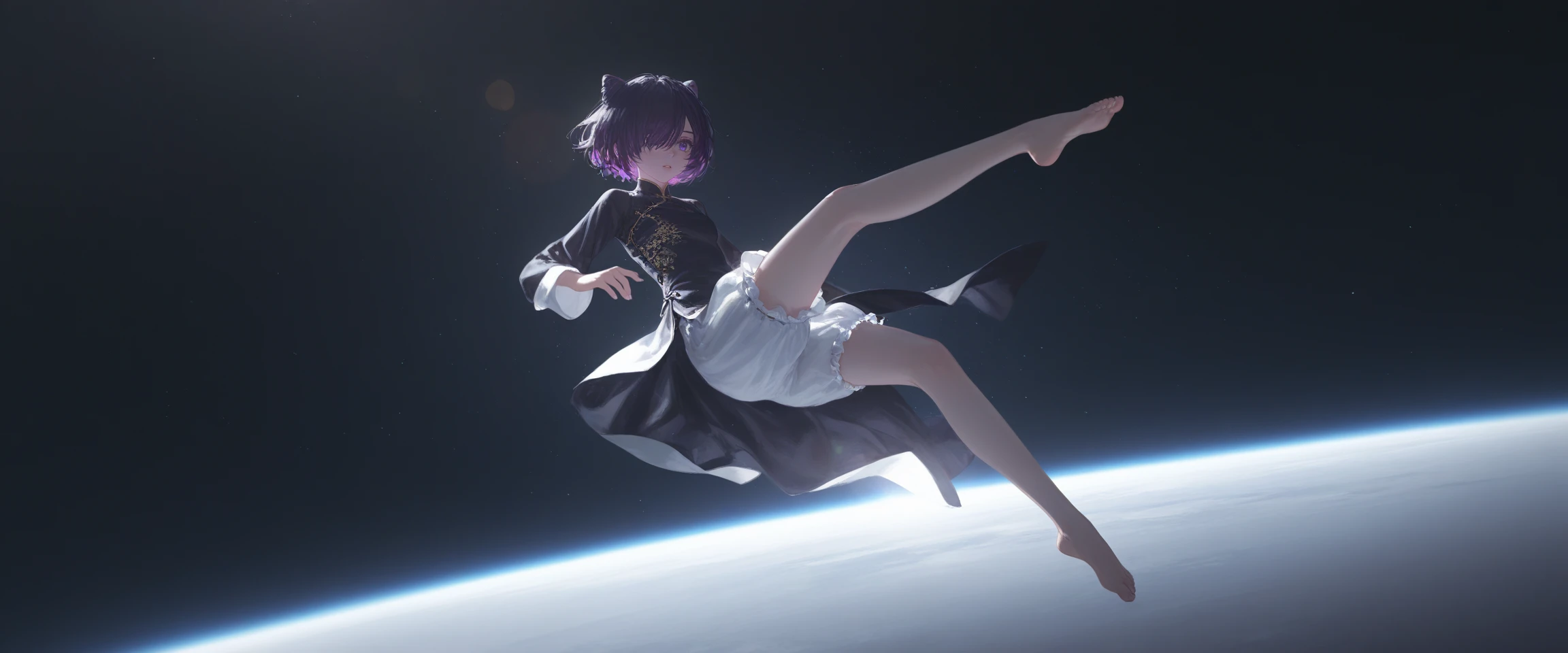 oil painting,artist:dino_(dinoartforame),artist:konya_karasue,(artist:nixeu:0.8),(artist:wlop:0.5),artist:ciloranko BREAK Dark fantasy style,
<lora:贾维æ¯:0.9>,cone hair bun,hair over one eye,multicolored hair,purple eyes,purple hair,short hair,two-tone hair,
red chinese clothes,white bloomers,space,space background,suspended hair,horizon,sunlight,full body,barefoot,lens_flare,chromatic_aberration,overexposure,strong rim light,Rim Lighting,suspended body,dynamic pose,((wide_shot)),