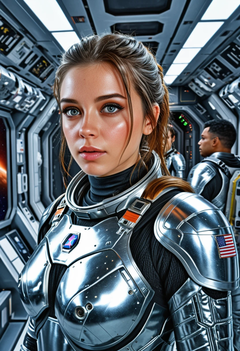 score_9, score_8_up, score_7_up, handsome portrait photo of a beautiful girl in space armor on a space station, HDR, Canon HD, 8K, 4K, sharp focus, futuristic ambiance with crew in background, intricate metallic textures and glossy eyes, masterpiece, best quality, ultra detailed, photorealistic sci-fi elements.