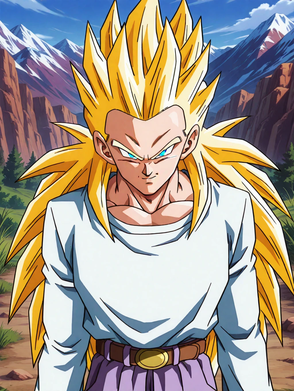 SSGTGoten,1boy,long hair, yellow hair, spiked hair, super saiyan 3, blue eyes, no eyebrows, no yellow eyebrows, white long sleeved shirt,long sleeves,lavender chino pants,beige brown boots,solo, arms at sides, smiling, looking at viewer, cowboy shot, upper body,  mountains and vegetation in the background, dynamic angle,
