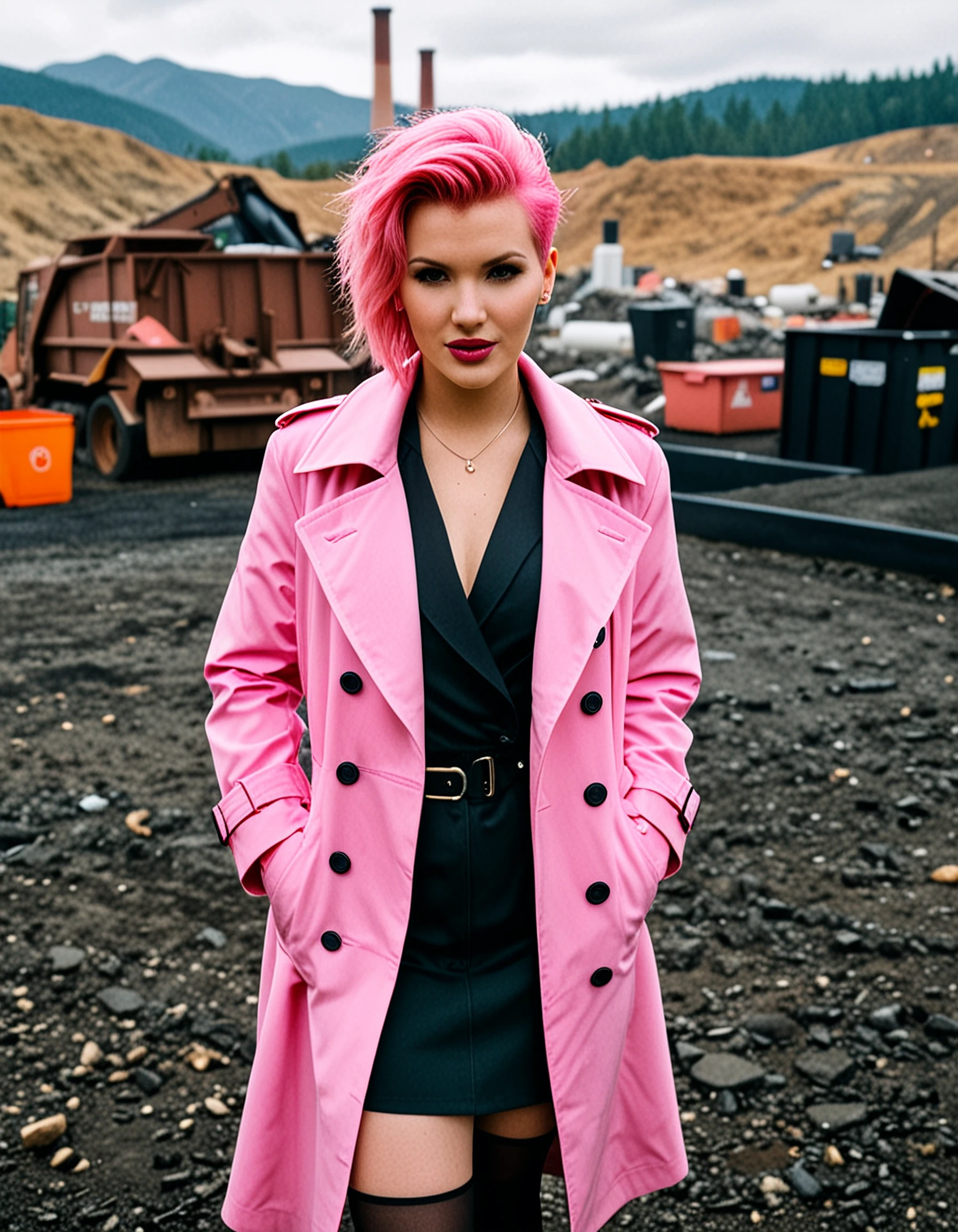 brmadison, undercut haircut, RAW photography, hands in pockets, face focus, playful,(cleavage), trench coat, pink kilt, parted lips, factory, smoke stack, dumpster, pond, overcast, mountains, dirt lot, (slender:1.8), dayglo pink hair,

