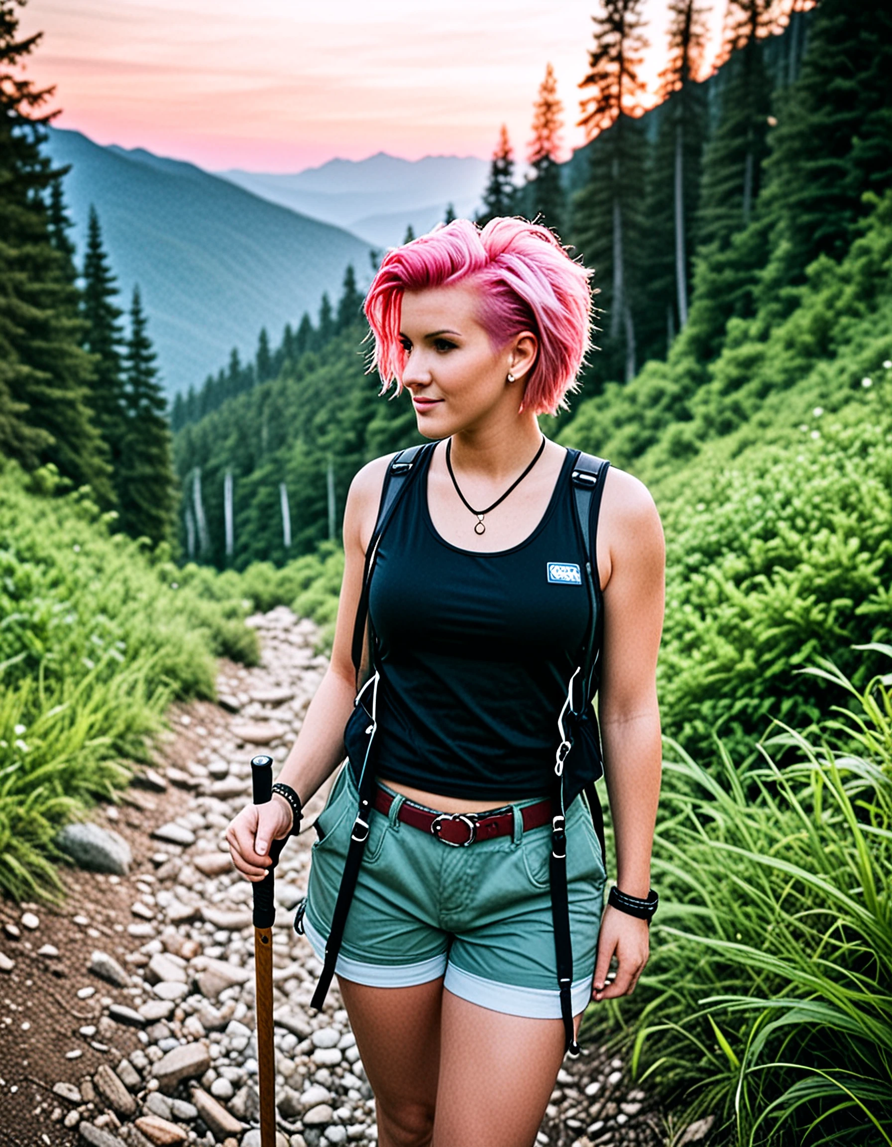 brmadison, undercut haircut, RAW photography,hiking, mountains, woods, cargo shorts, vest, tank top, belt,  hiking stick,  looking at sunset, pink hair
